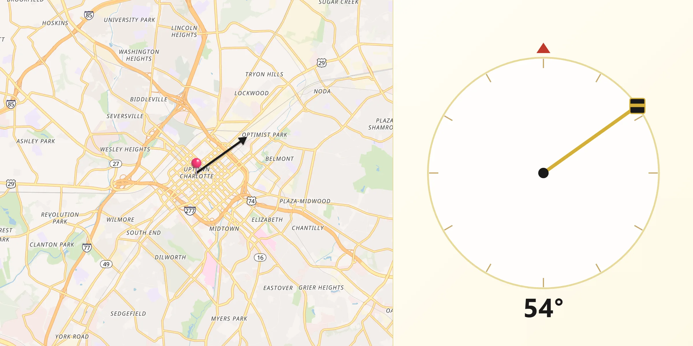 Dirección de la Qibla desde Charlotte