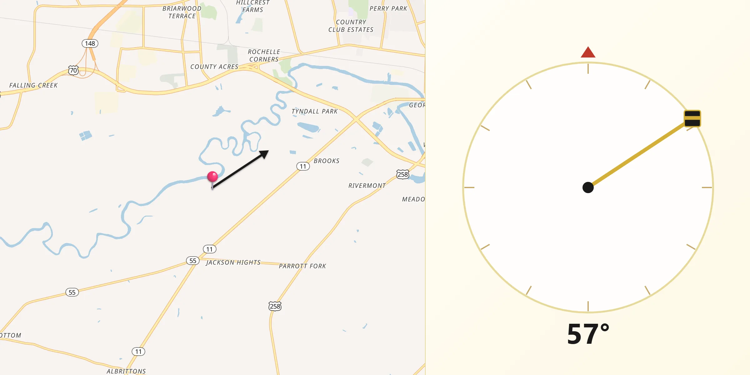 Qibla Direction from Lenoir County