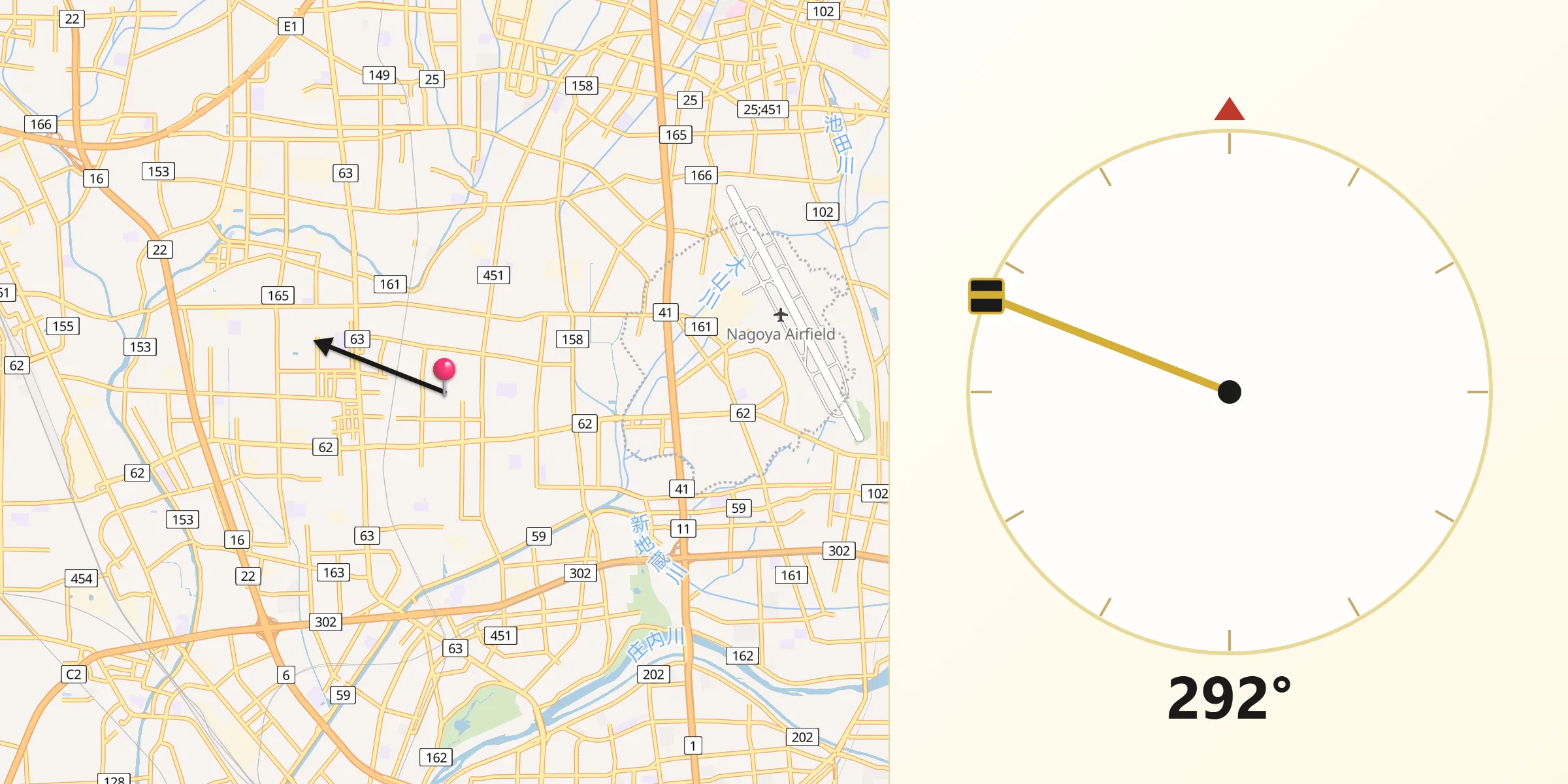 北名古屋からキブラへの方向