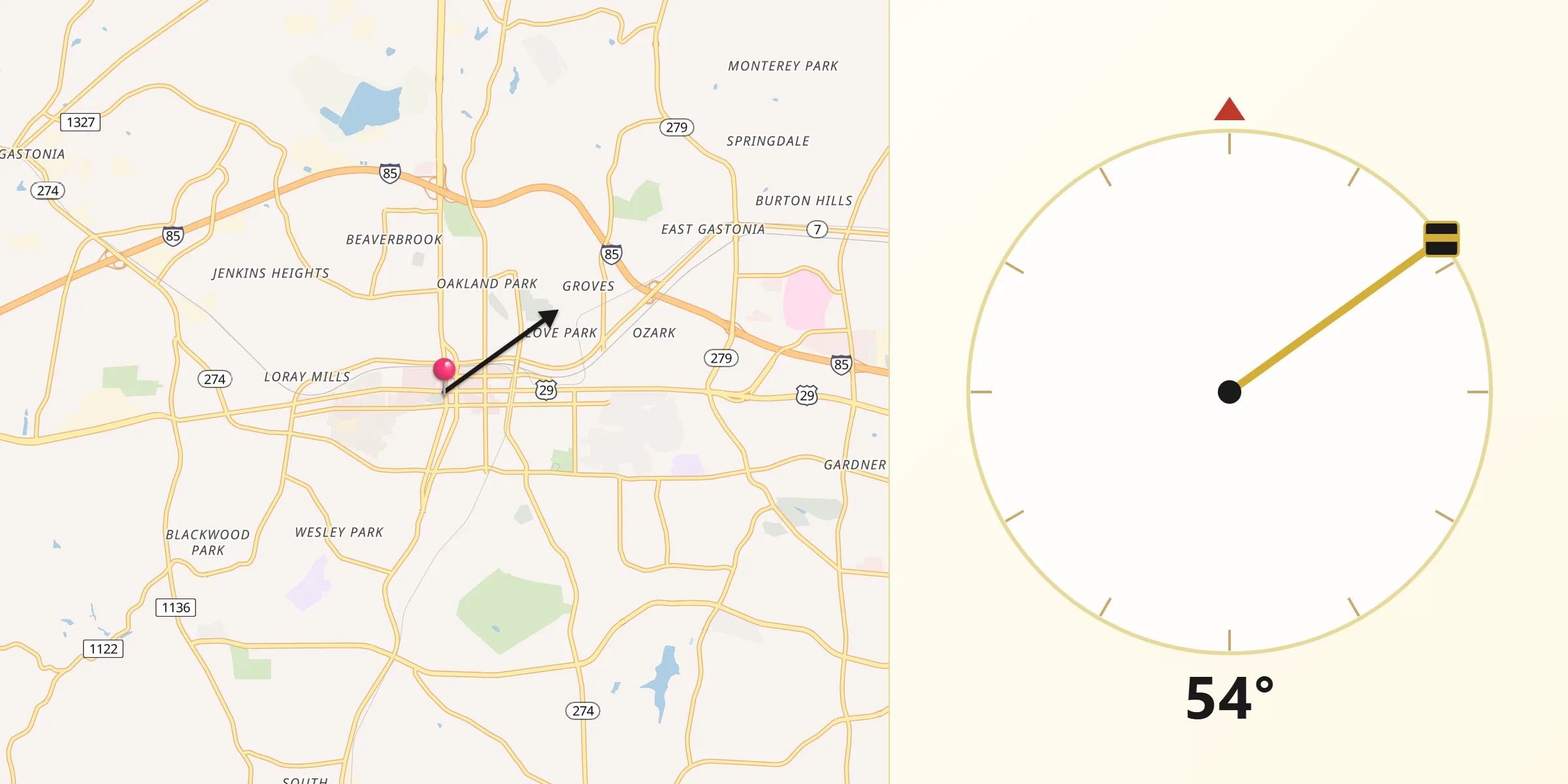 Qibla Direction from Gastonia