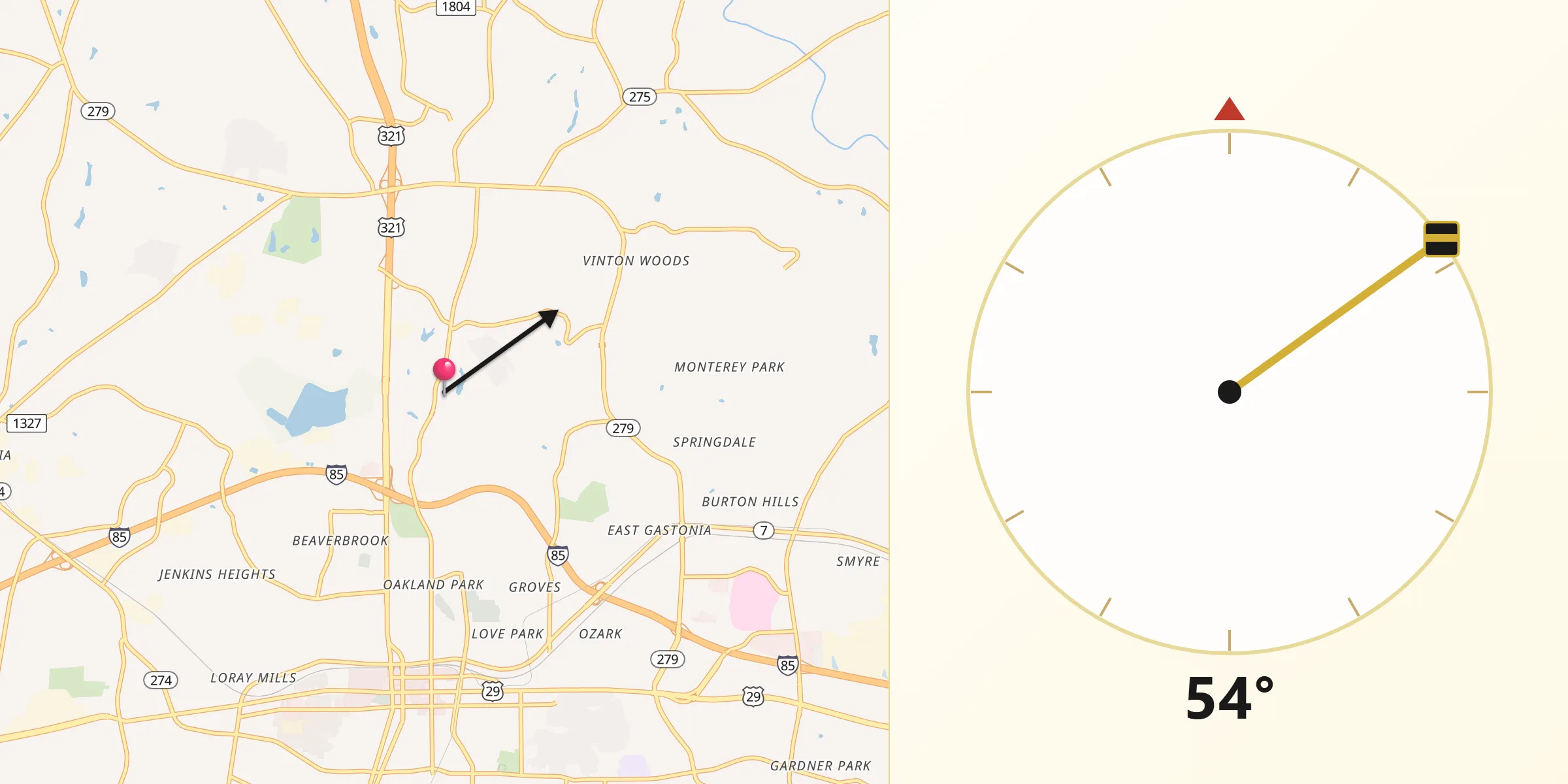 Qibla Direction from Gaston County