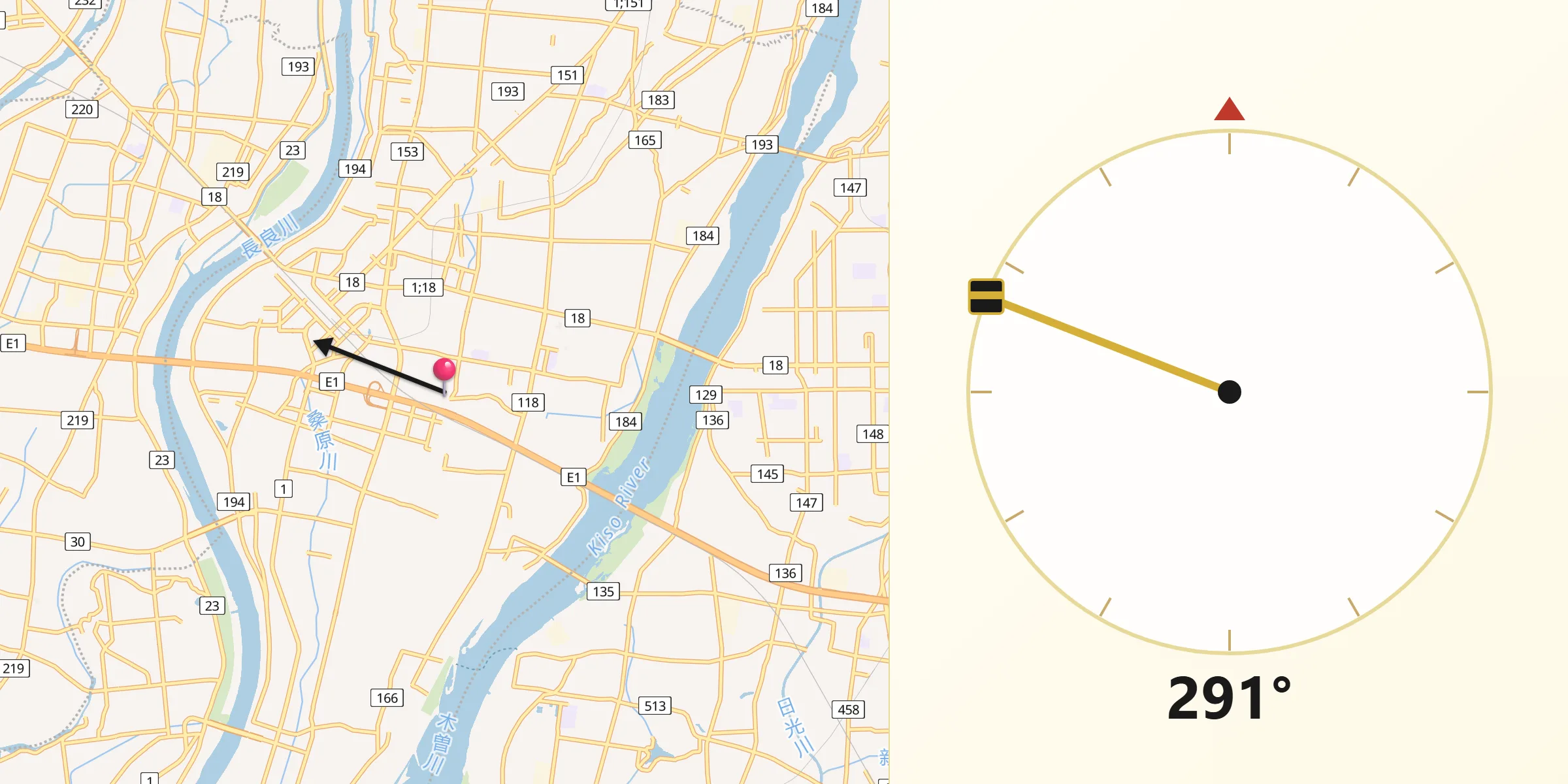 Hashima-shiからキブラへの方向