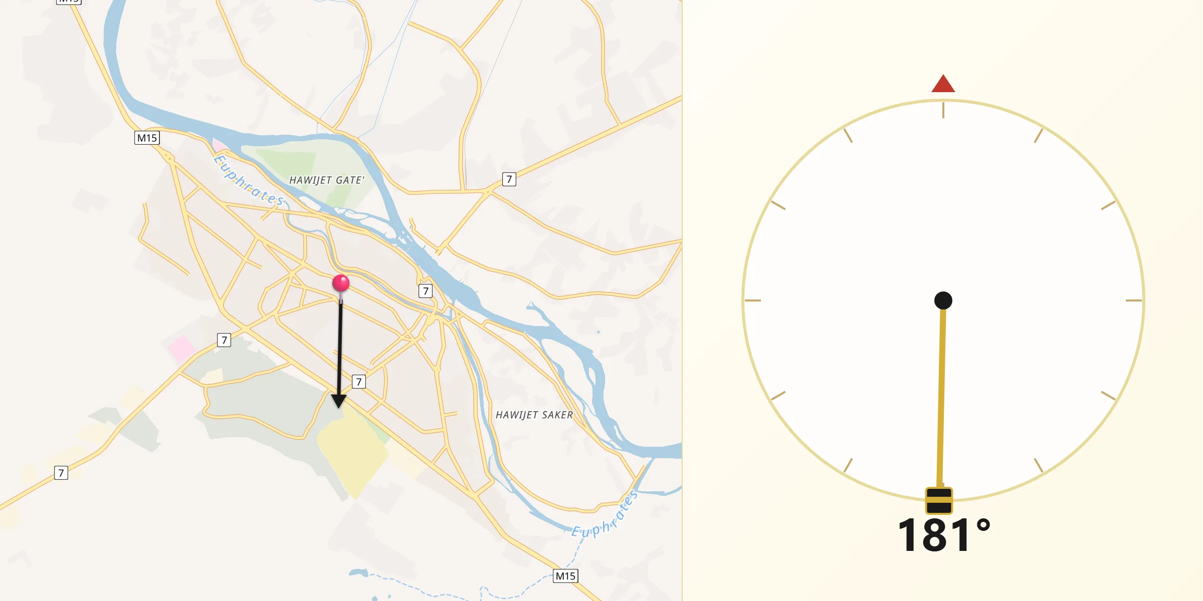 Direction vers la Qibla depuis Deir ez-Zor