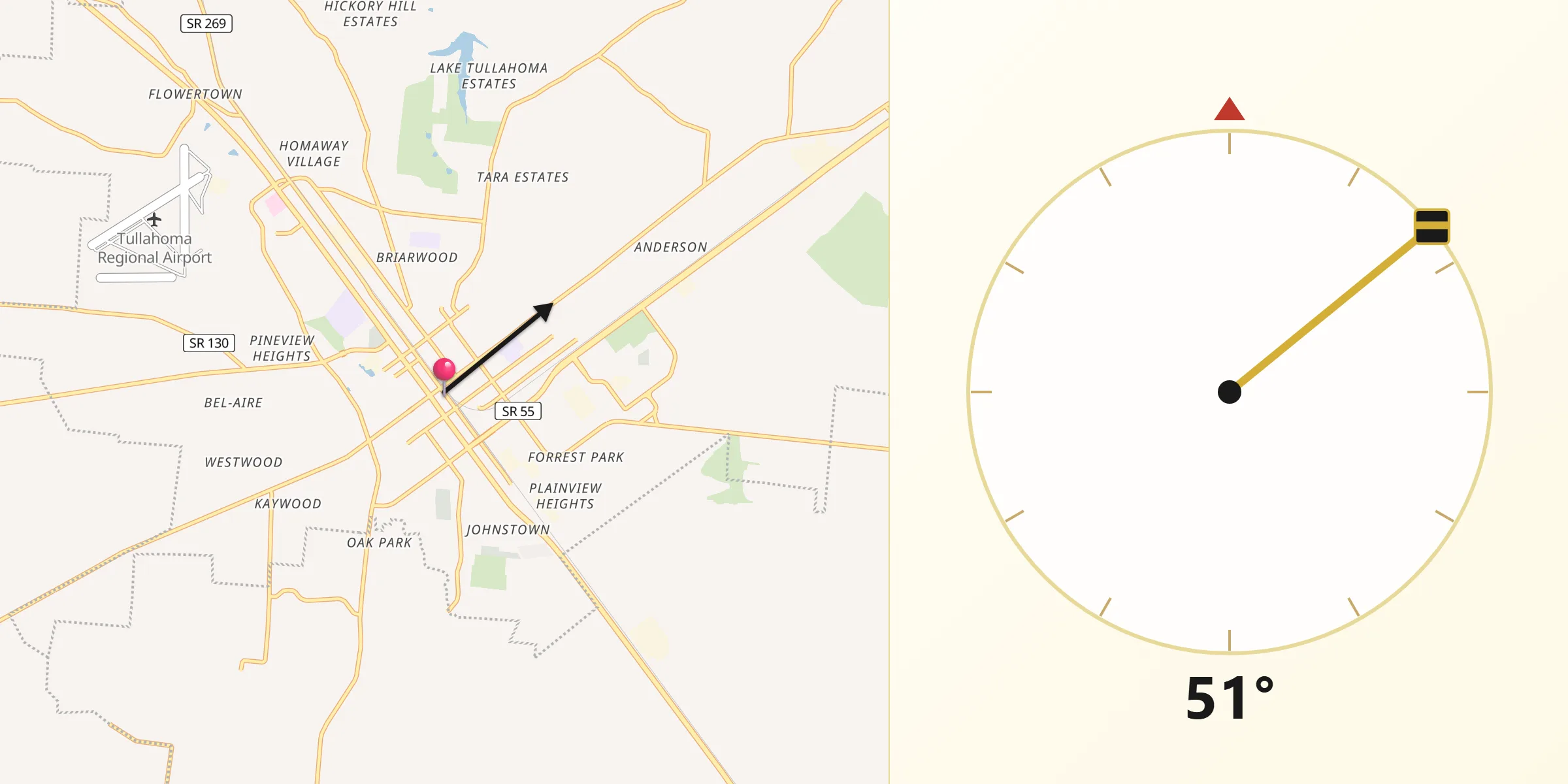 Qibla Direction from Tullahoma