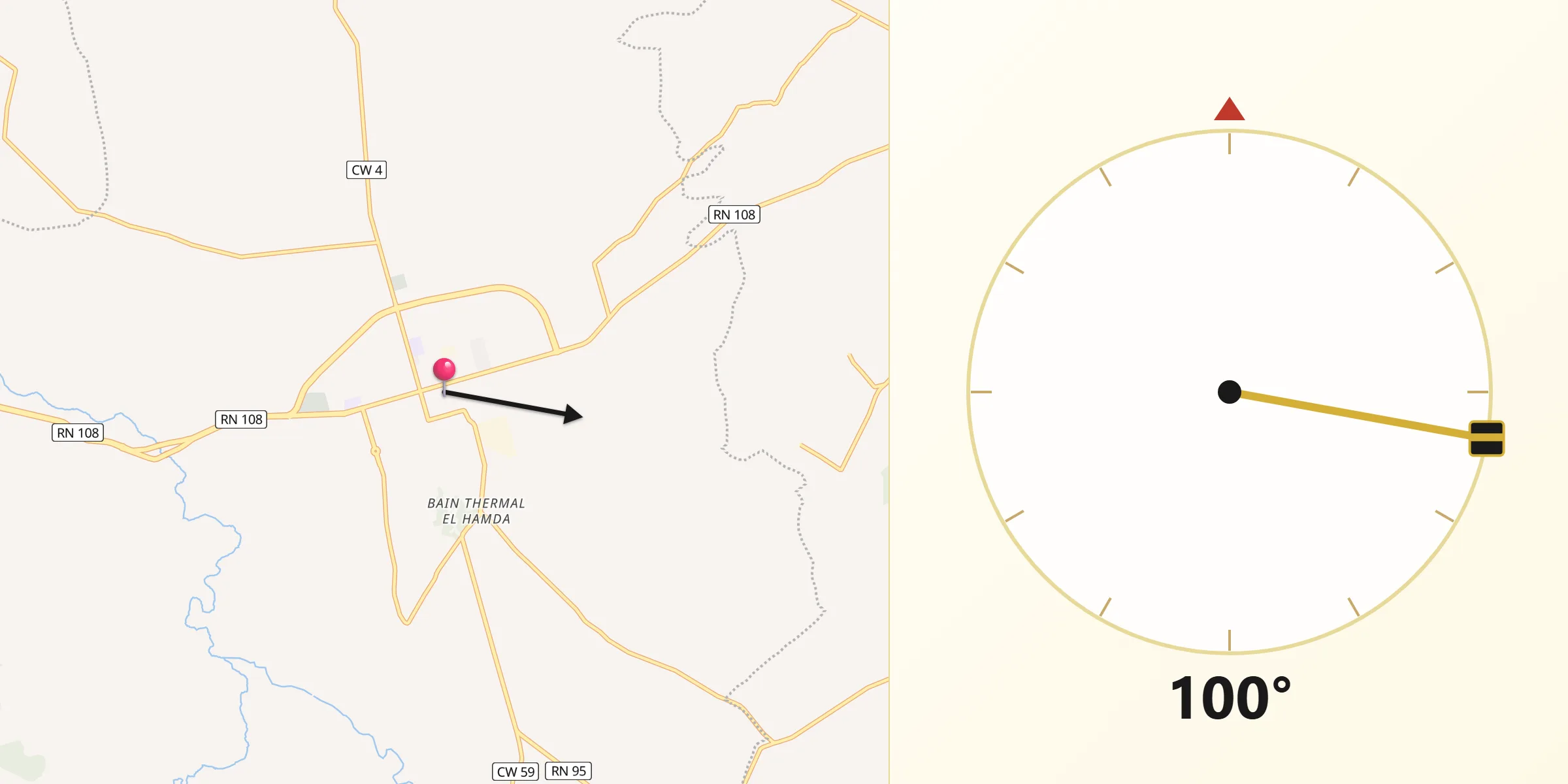 Direction vers la Qibla depuis Hammam Bou Hadjar