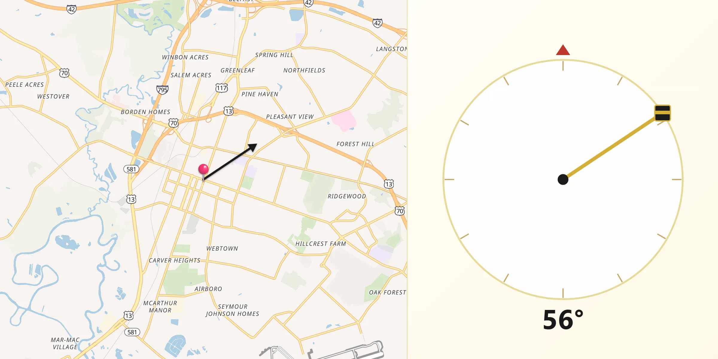 Qibla Direction from Goldsboro