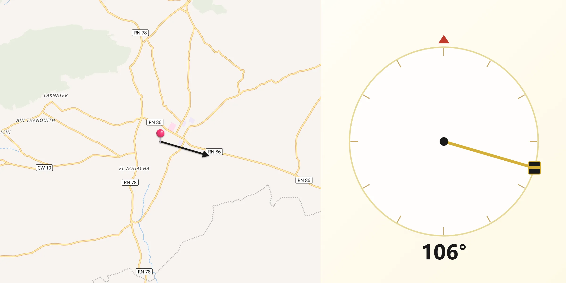 Direction vers la Qibla depuis Râs el Aïoun