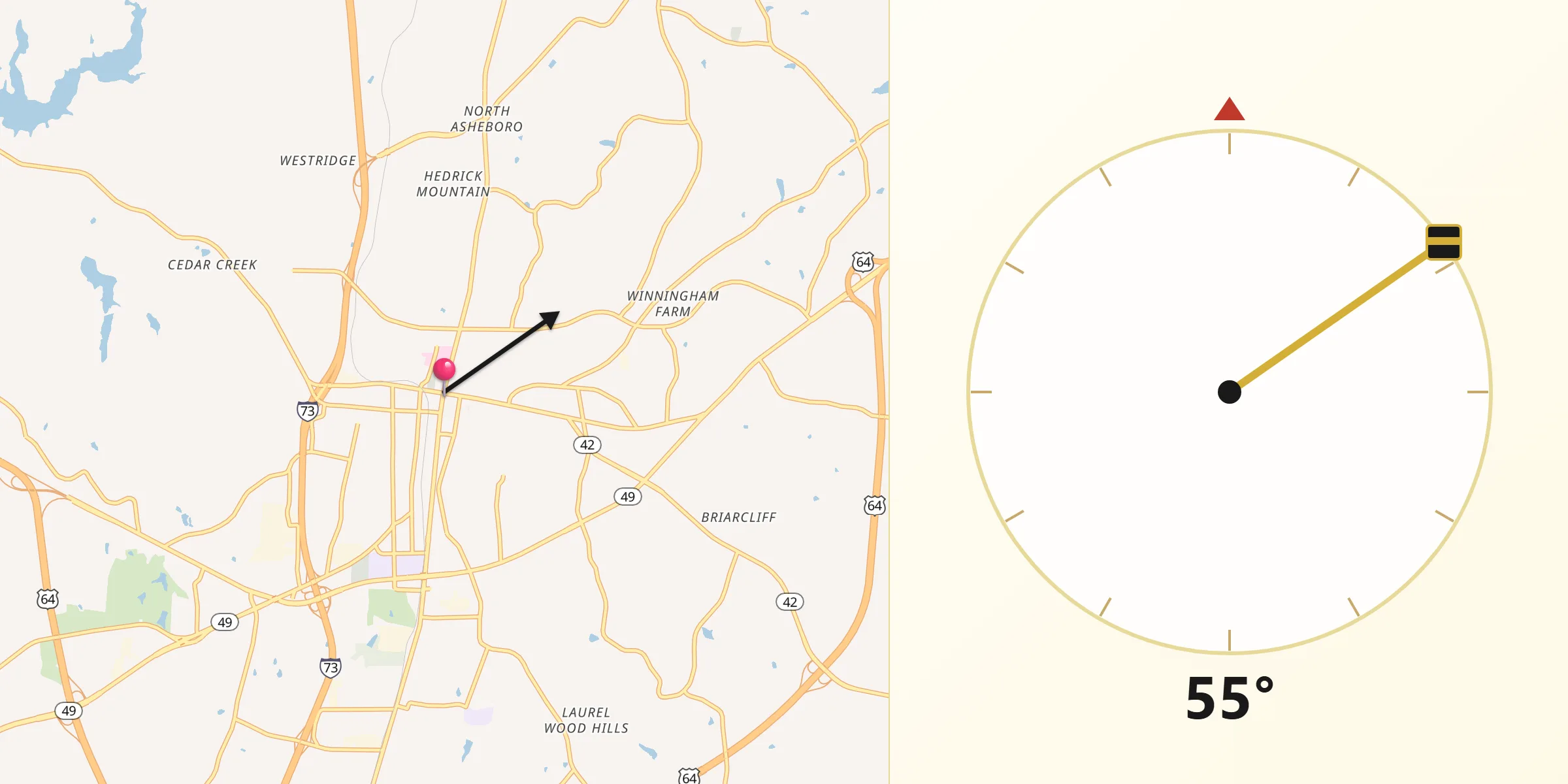 Qibla Direction from Asheboro