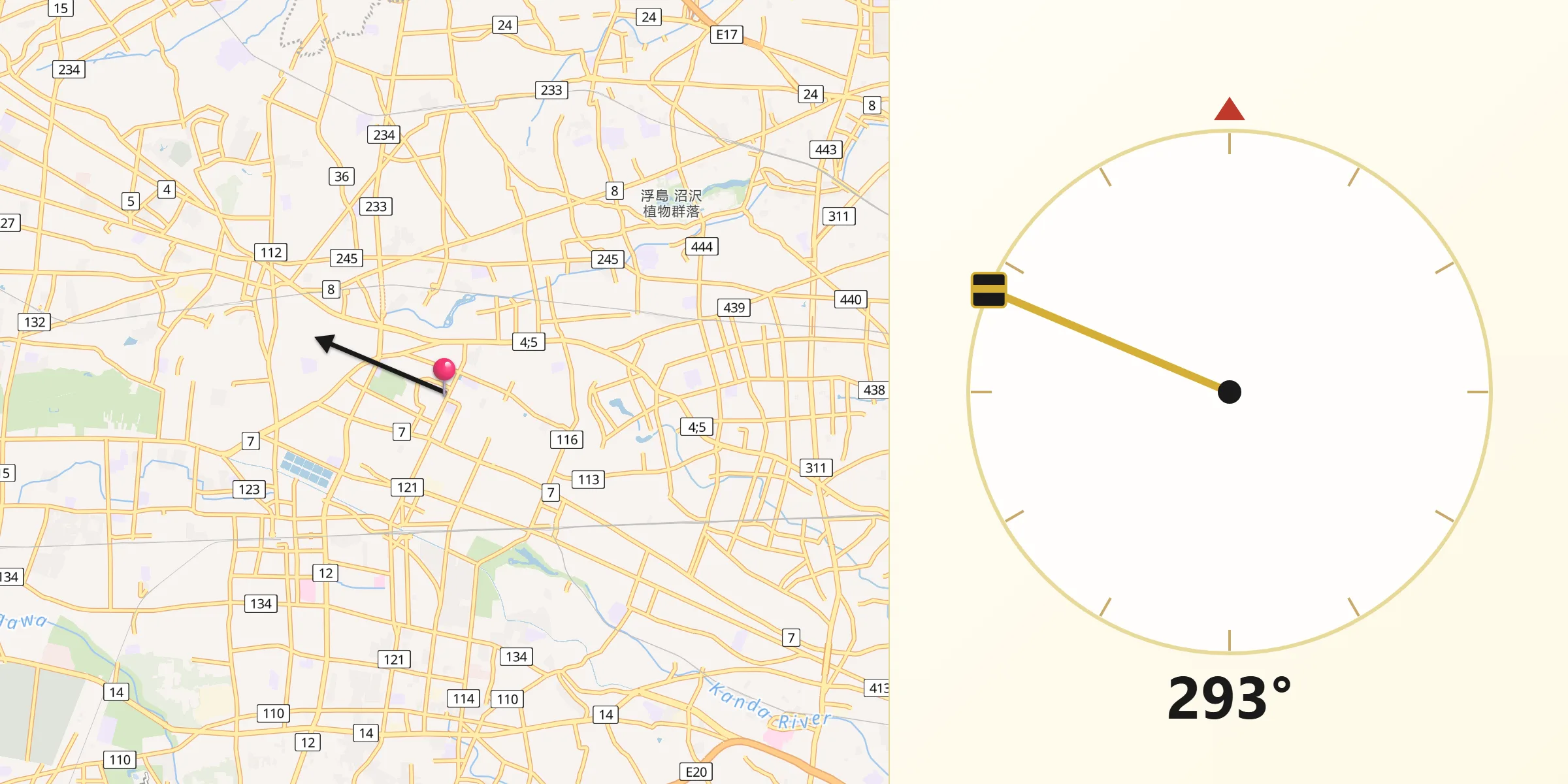 緑町からキブラへの方向