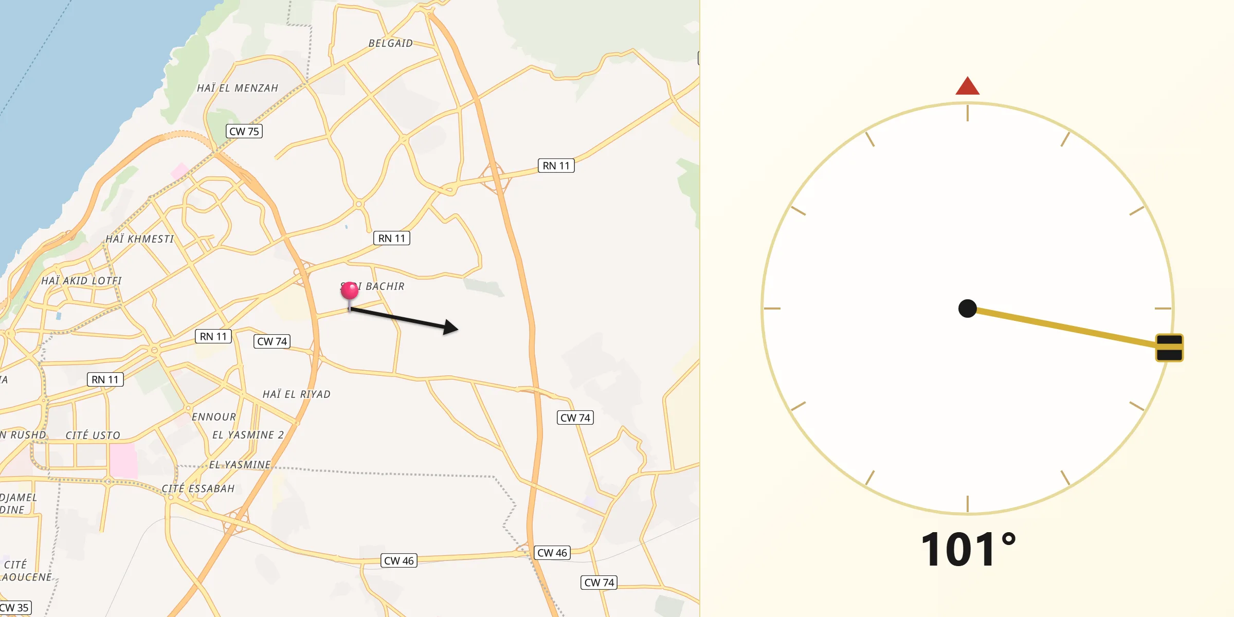 Direction vers la Qibla depuis Bir el Djir