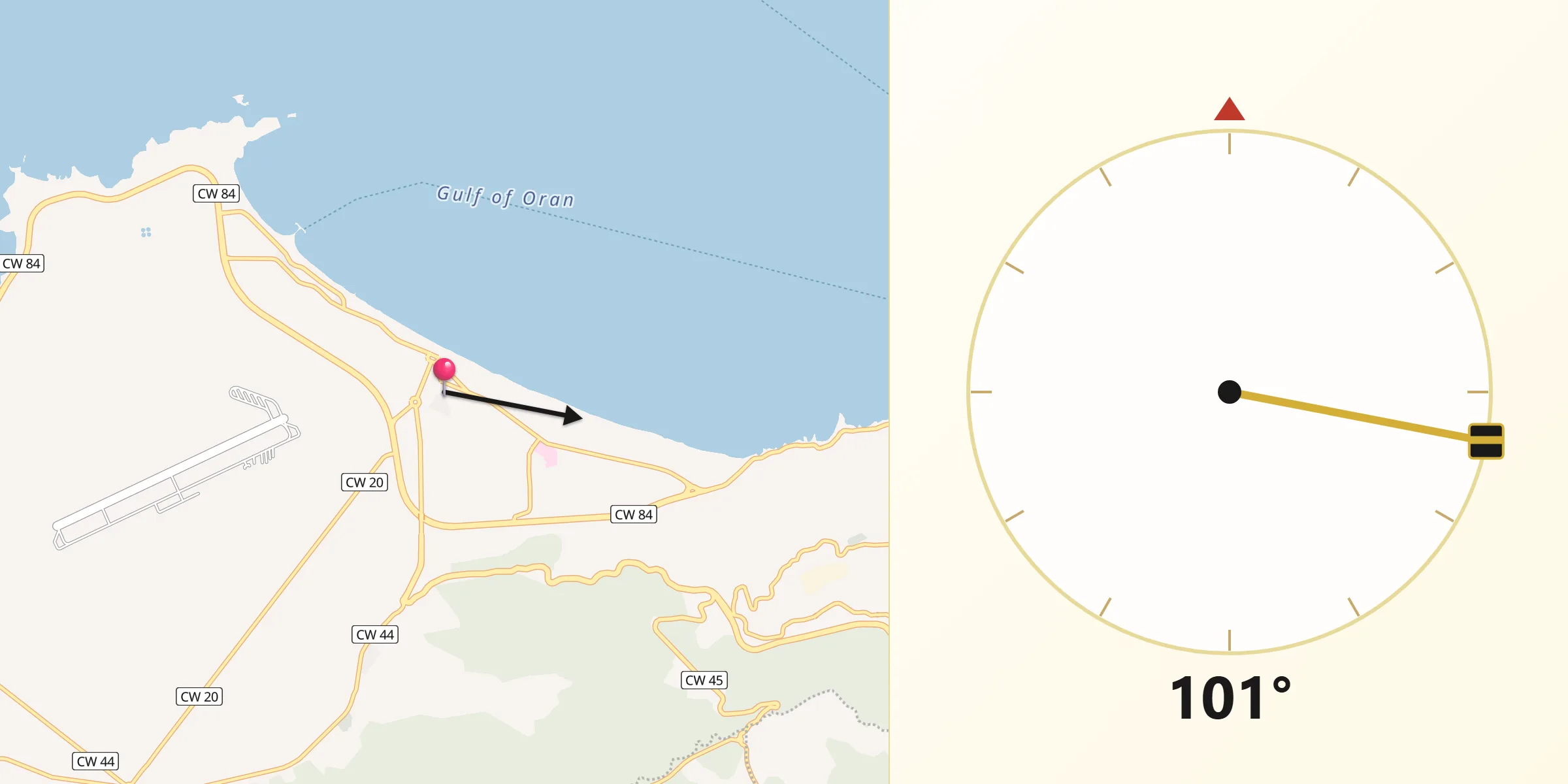 Direction vers la Qibla depuis ’Aïn el Turk