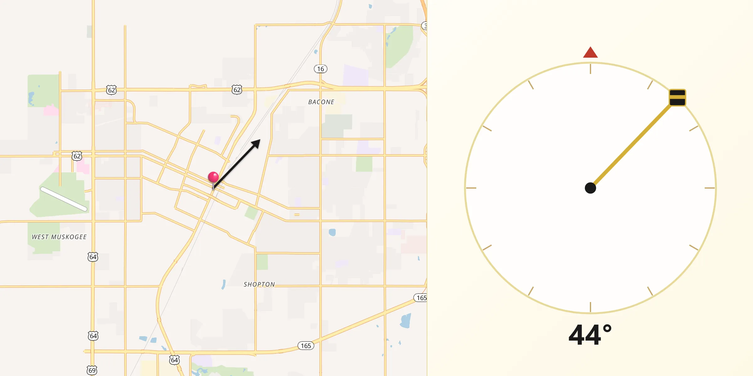 Qibla Direction from Muskogee