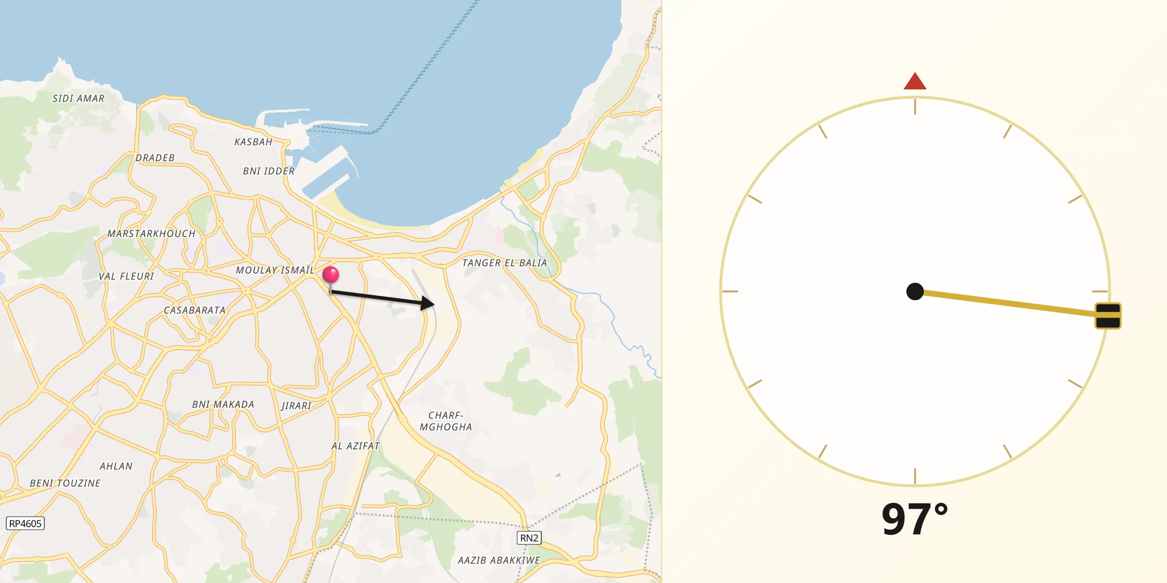 Direção da Qibla a partir de Tânger