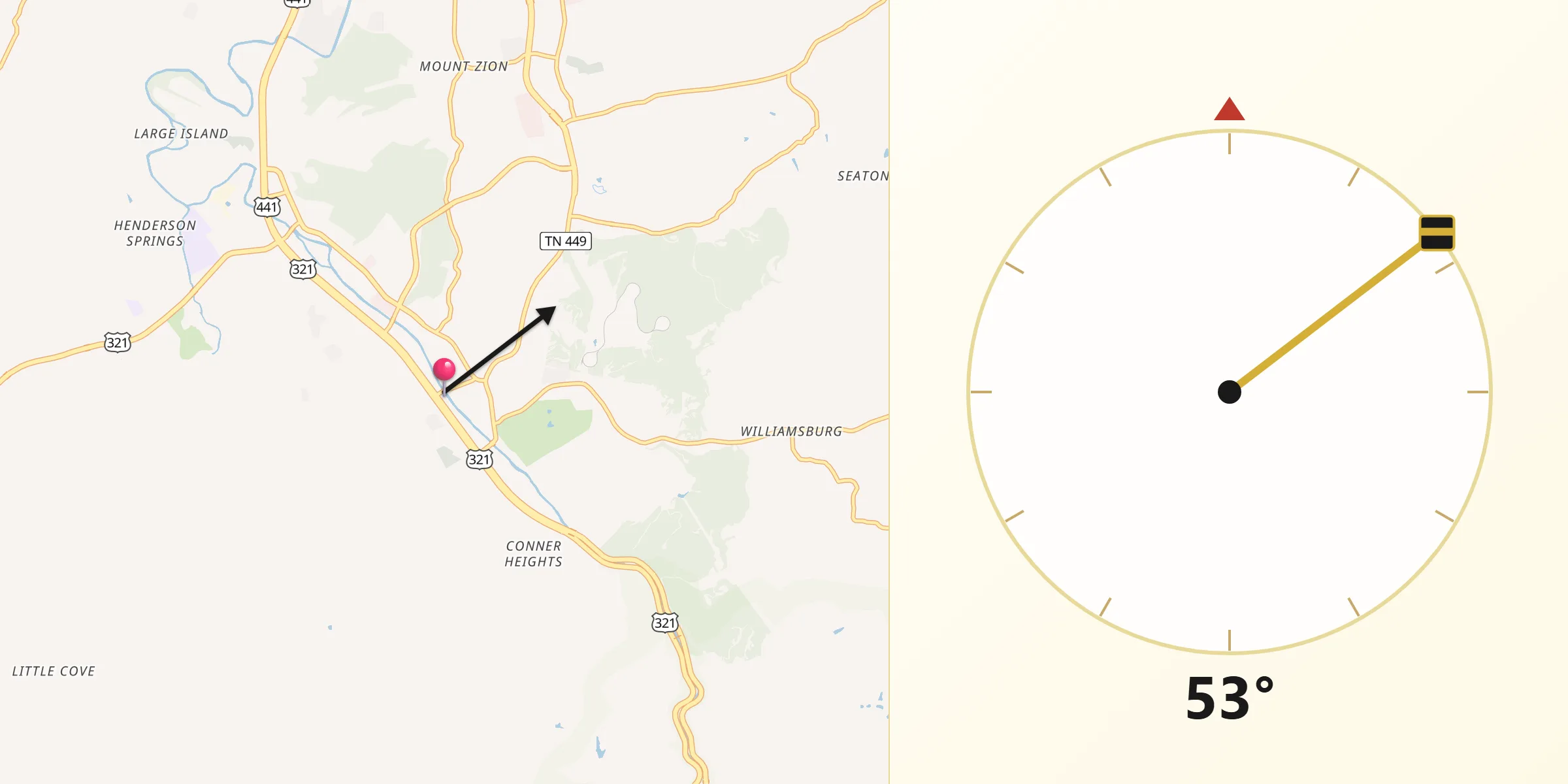 Qibla Direction from Pigeon Forge