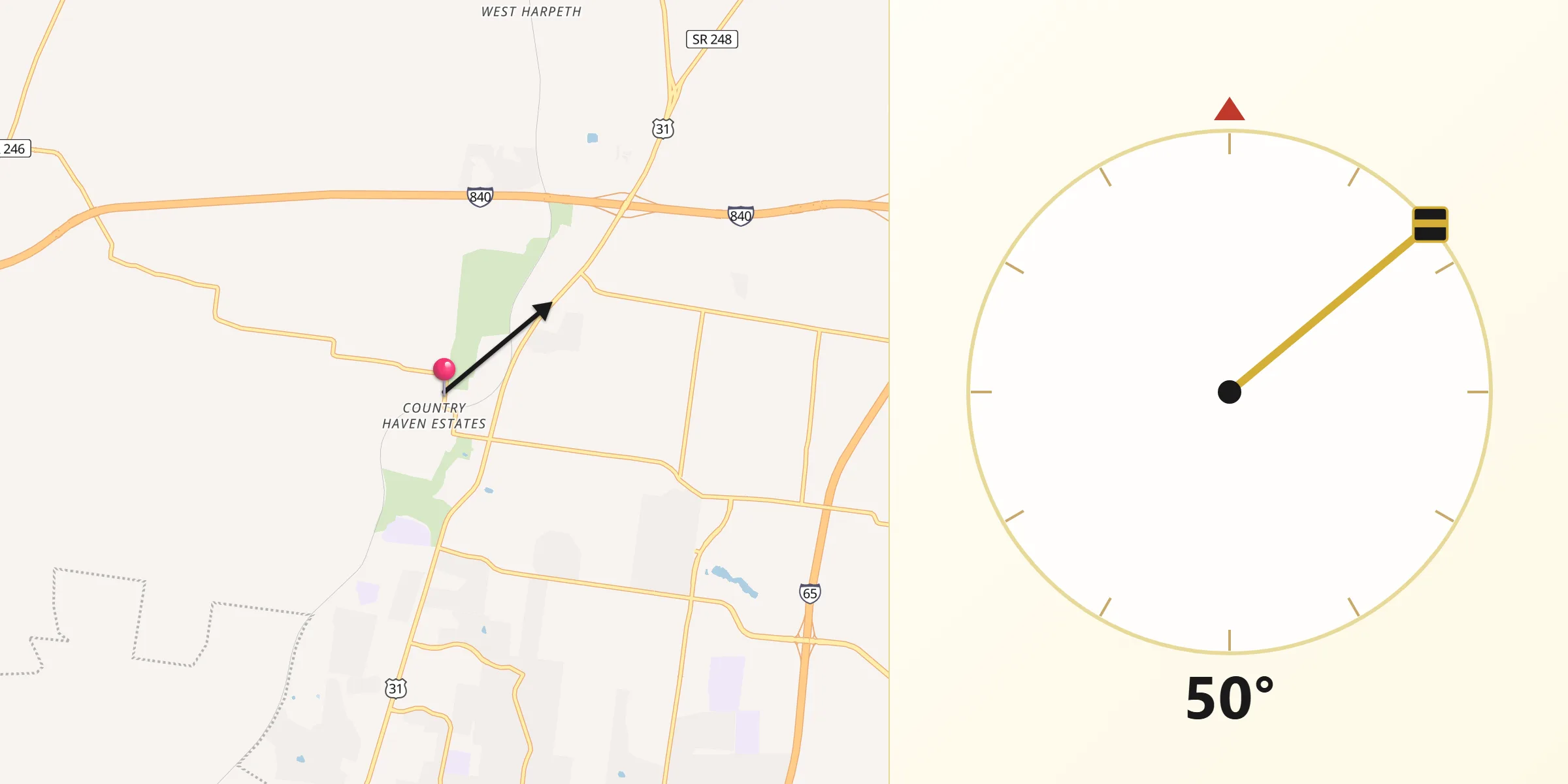 Qibla Direction from Thompson's Station