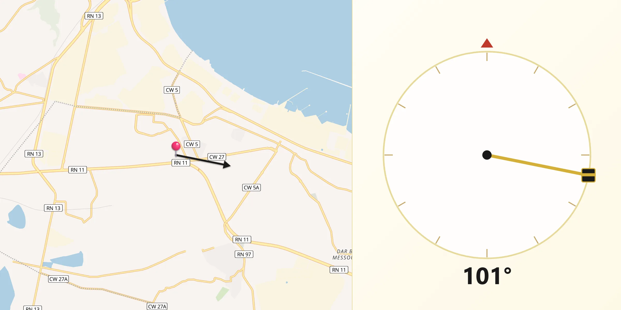 Direction vers la Qibla depuis Aïn el Bya