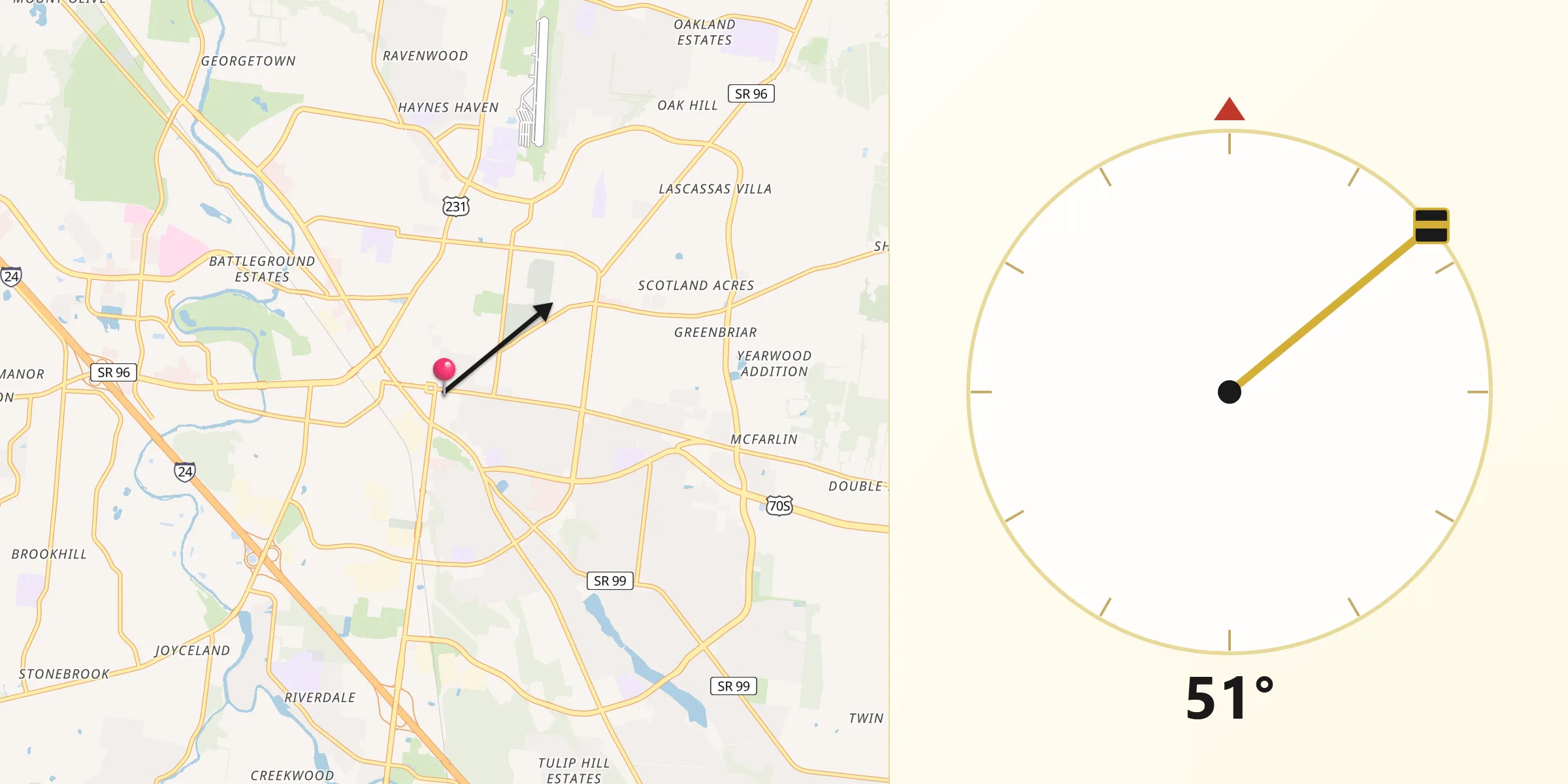 Dirección de la Qibla desde Murfreesboro
