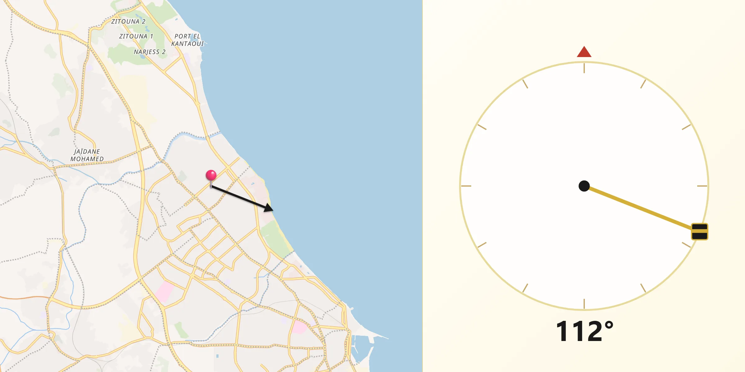 Direction vers la Qibla depuis Hammam Sousse