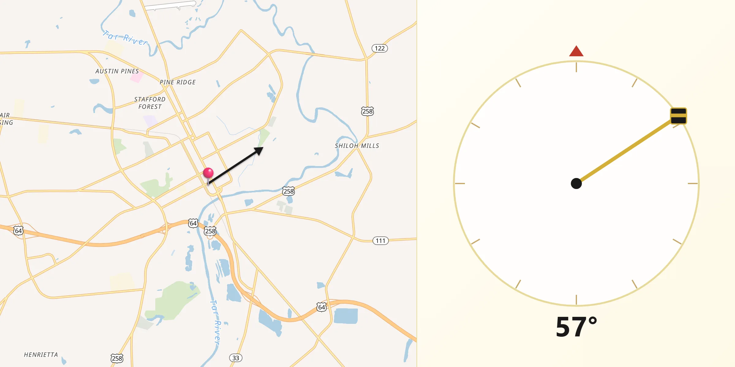 Qibla Direction from Tarboro