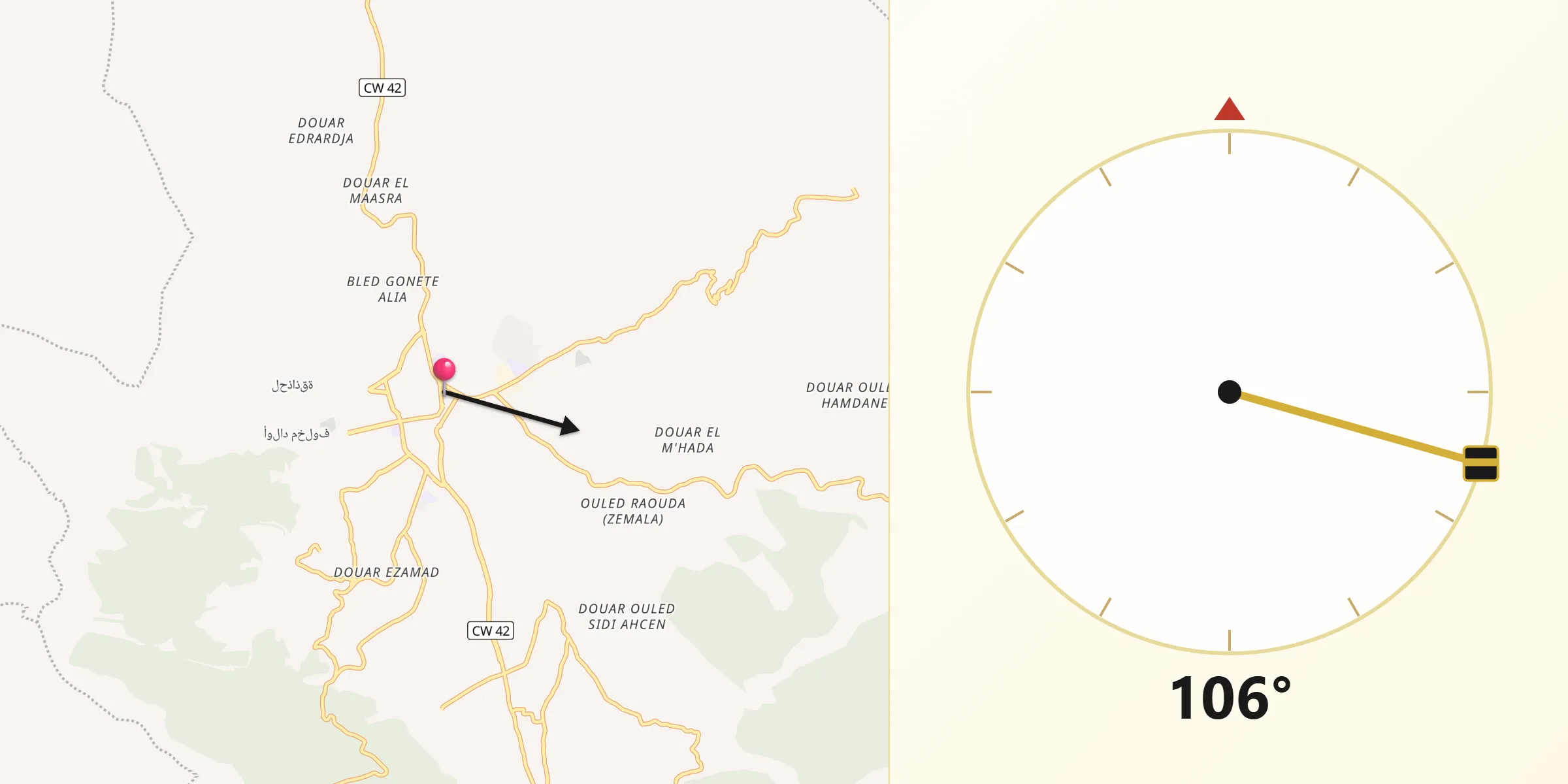 Direction vers la Qibla depuis Bordj Ghdir
