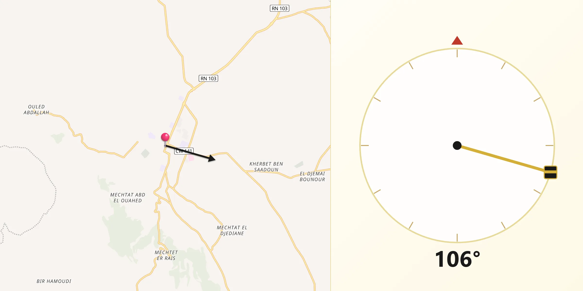 Direction vers la Qibla depuis Râs el Oued