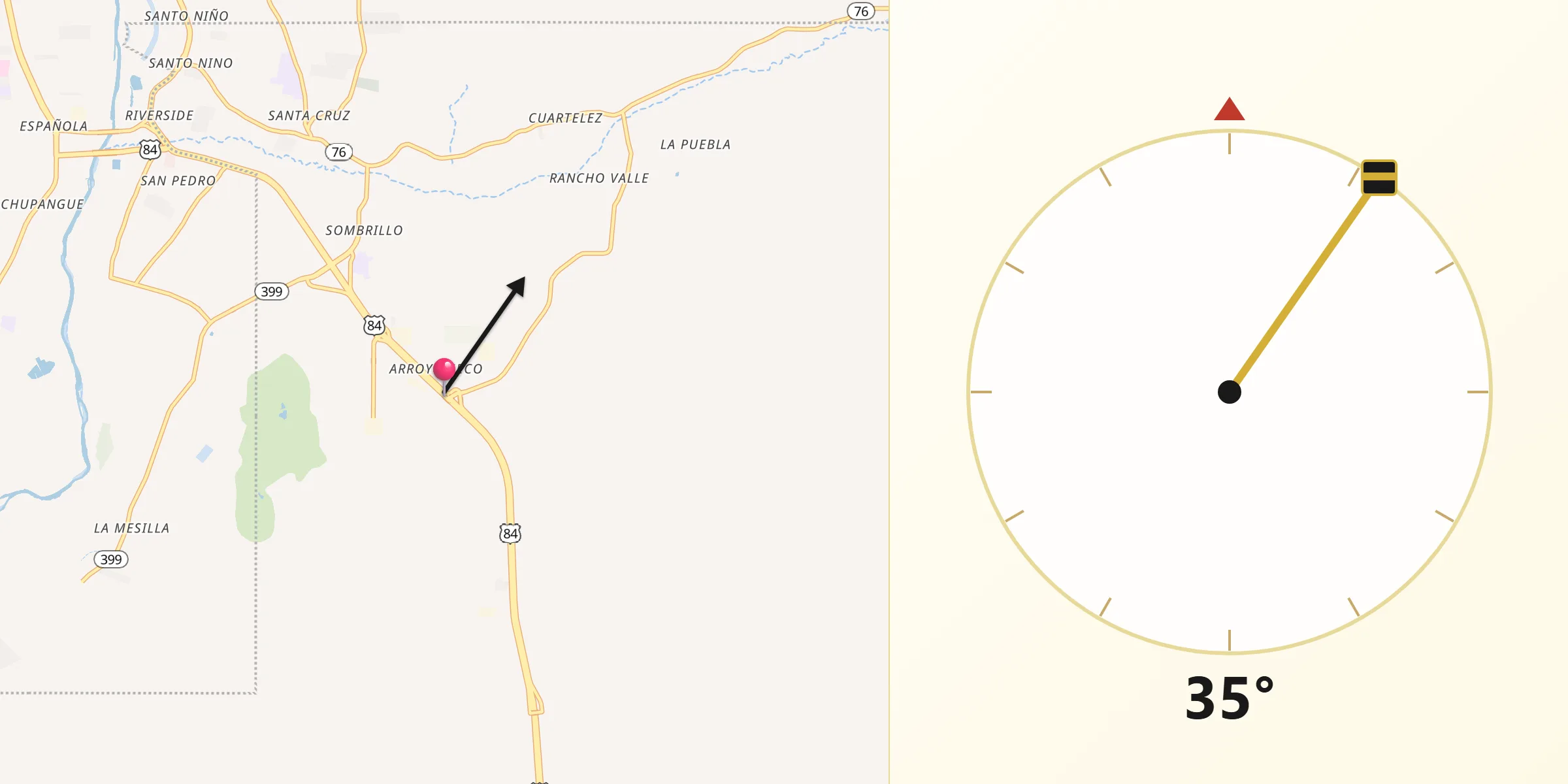 Qibla Direction from El Valle de Arroyo Seco