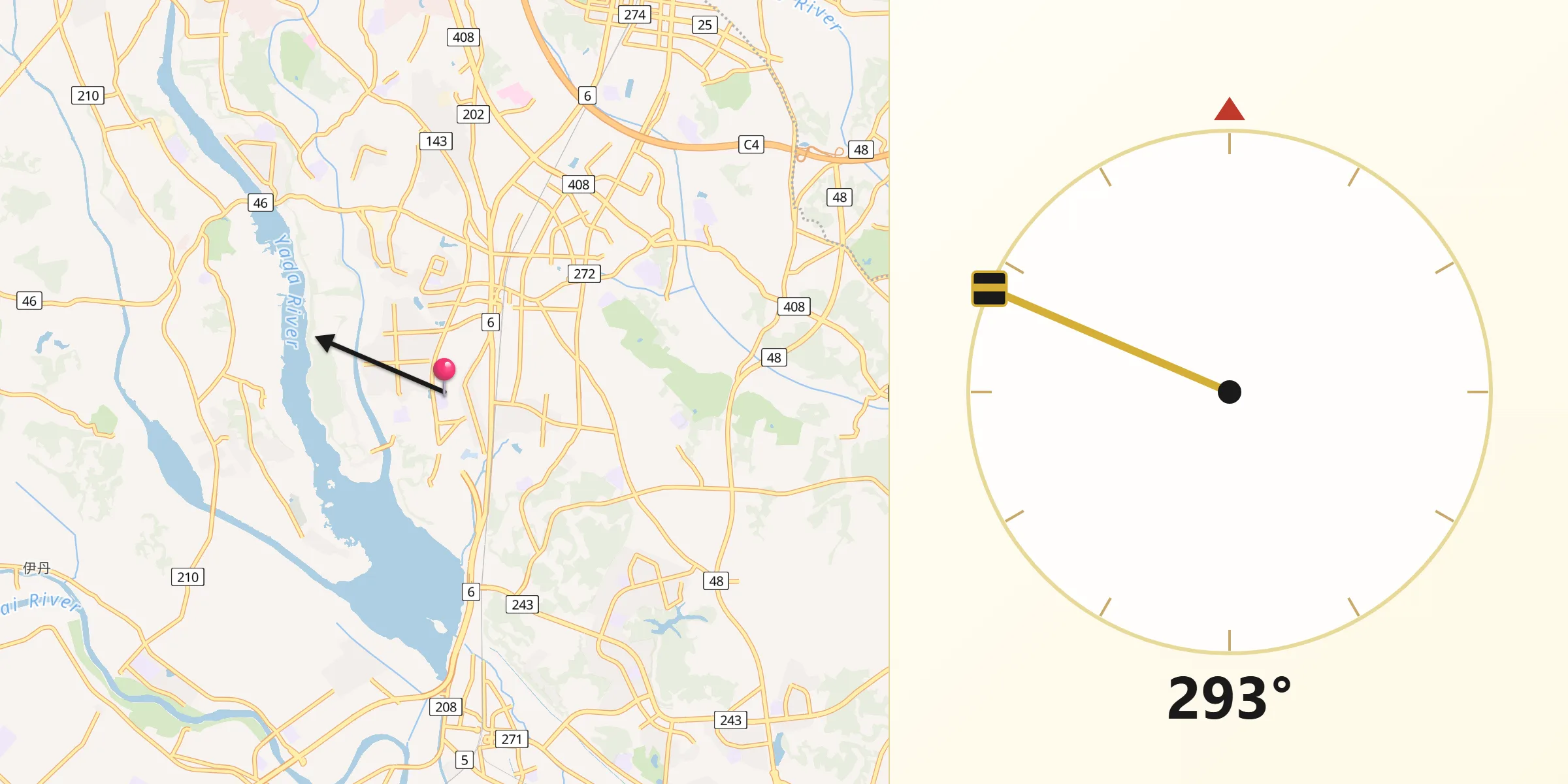 牛久からキブラへの方向