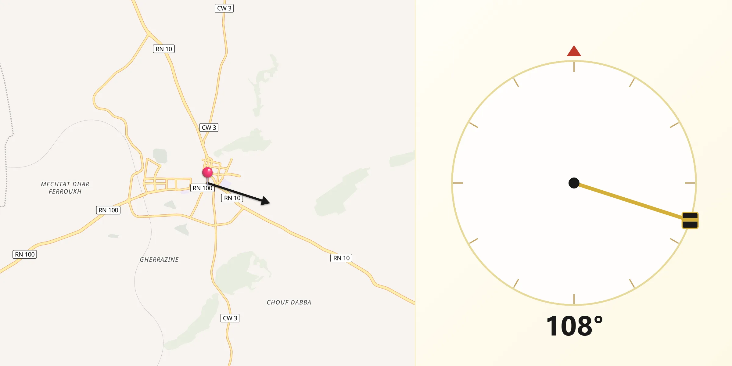 Direction vers la Qibla depuis Aïn Fakroun