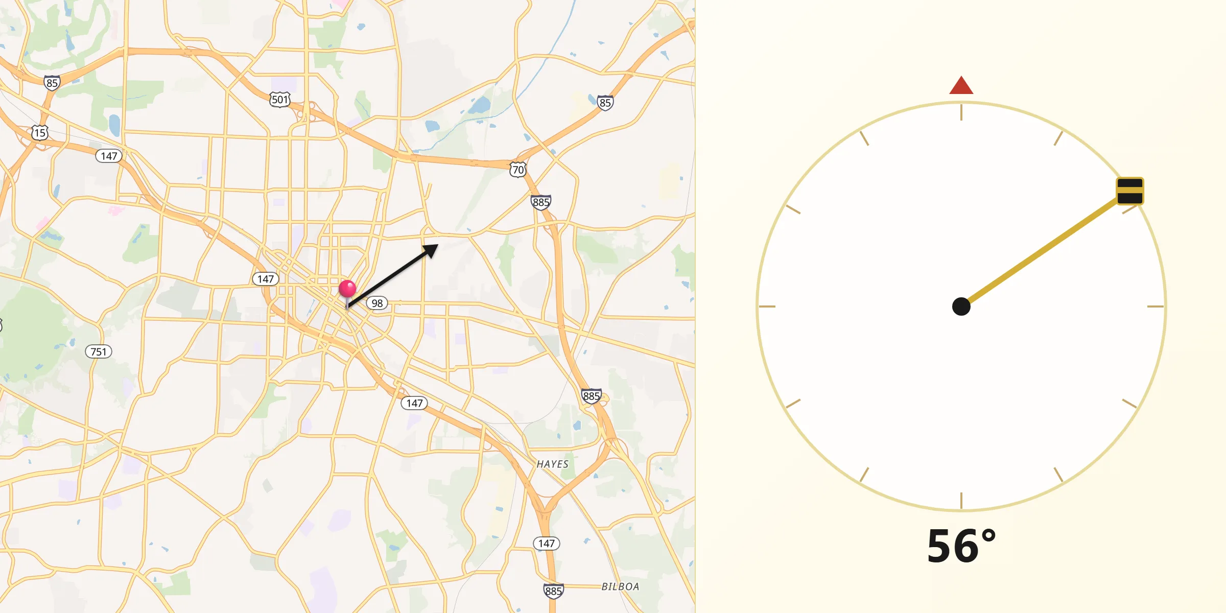 Dirección de la Qibla desde Durham