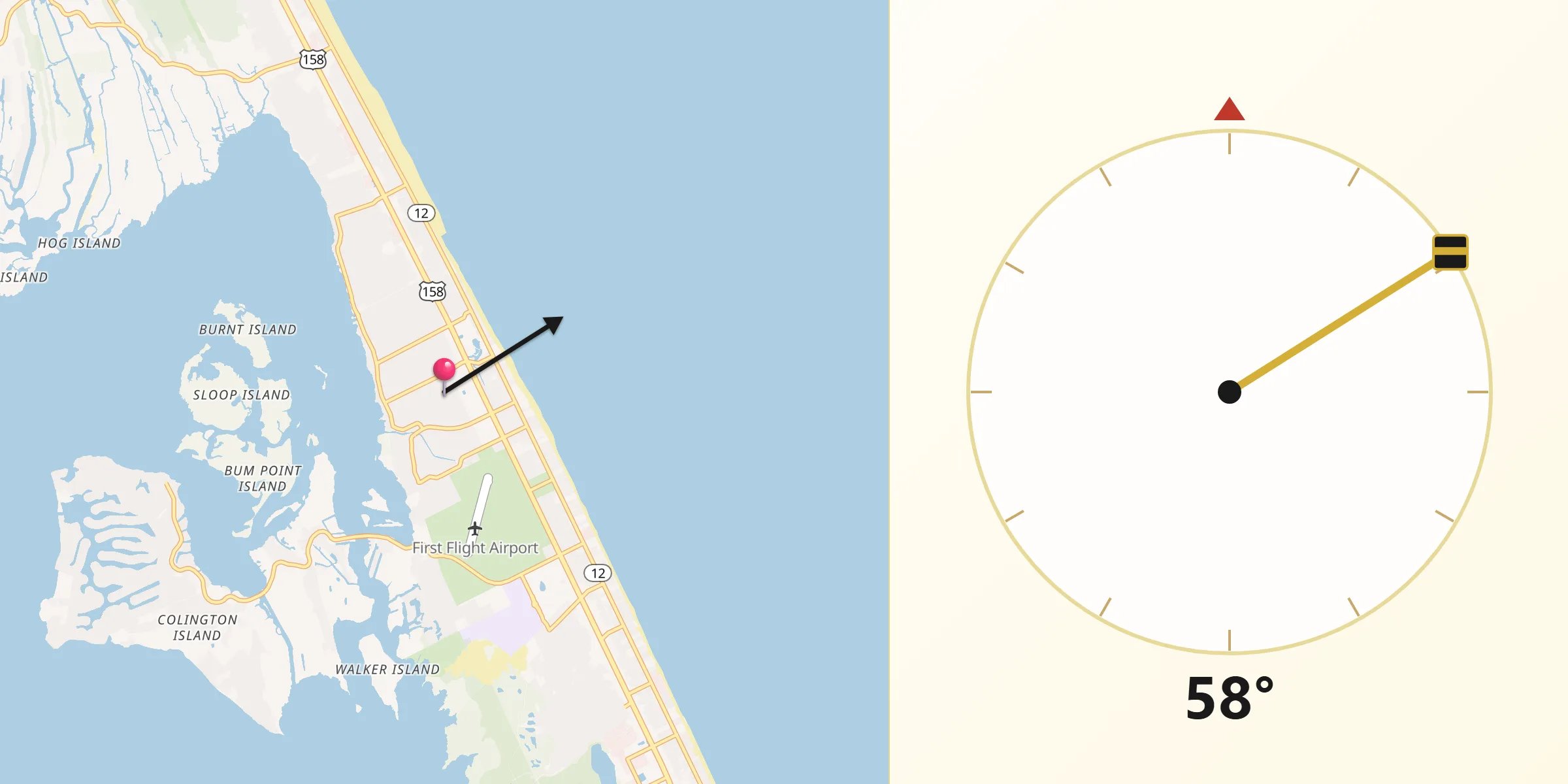 Qibla Direction from Kill Devil Hills
