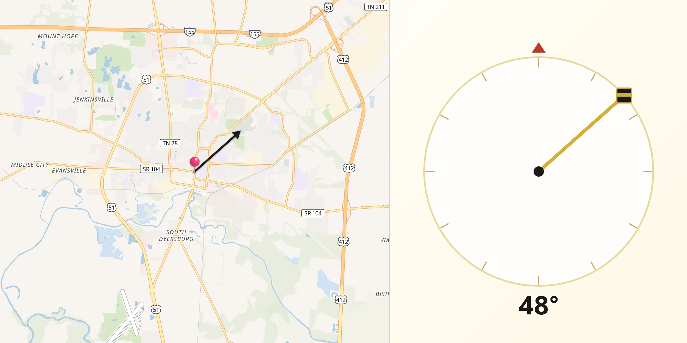 Qibla Direction from Dyersburg