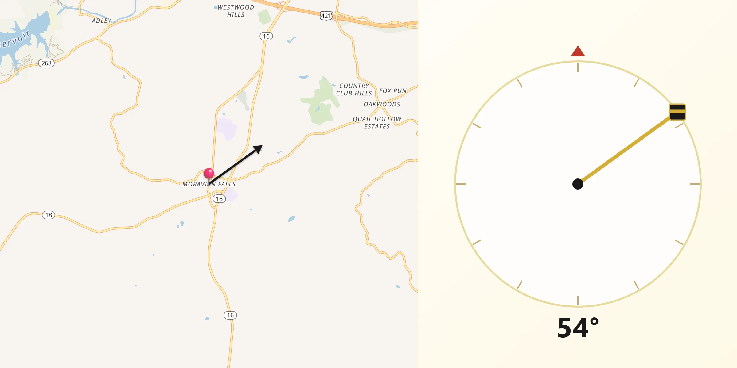 Qibla Direction from Moravian Falls