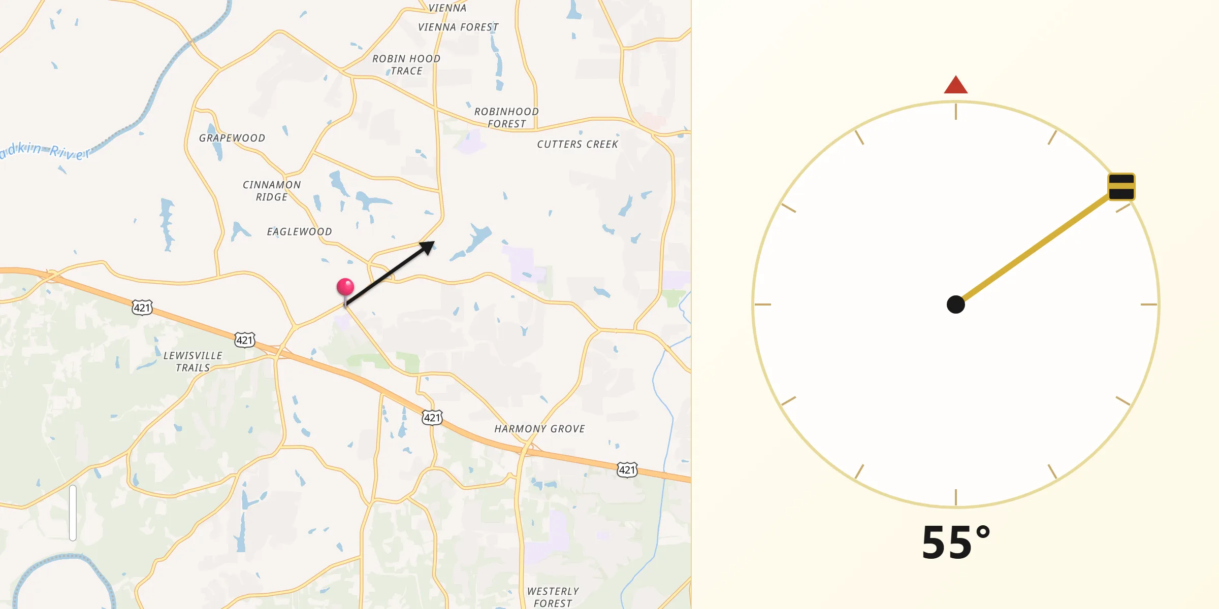 Dirección de la Qibla desde Lewisville