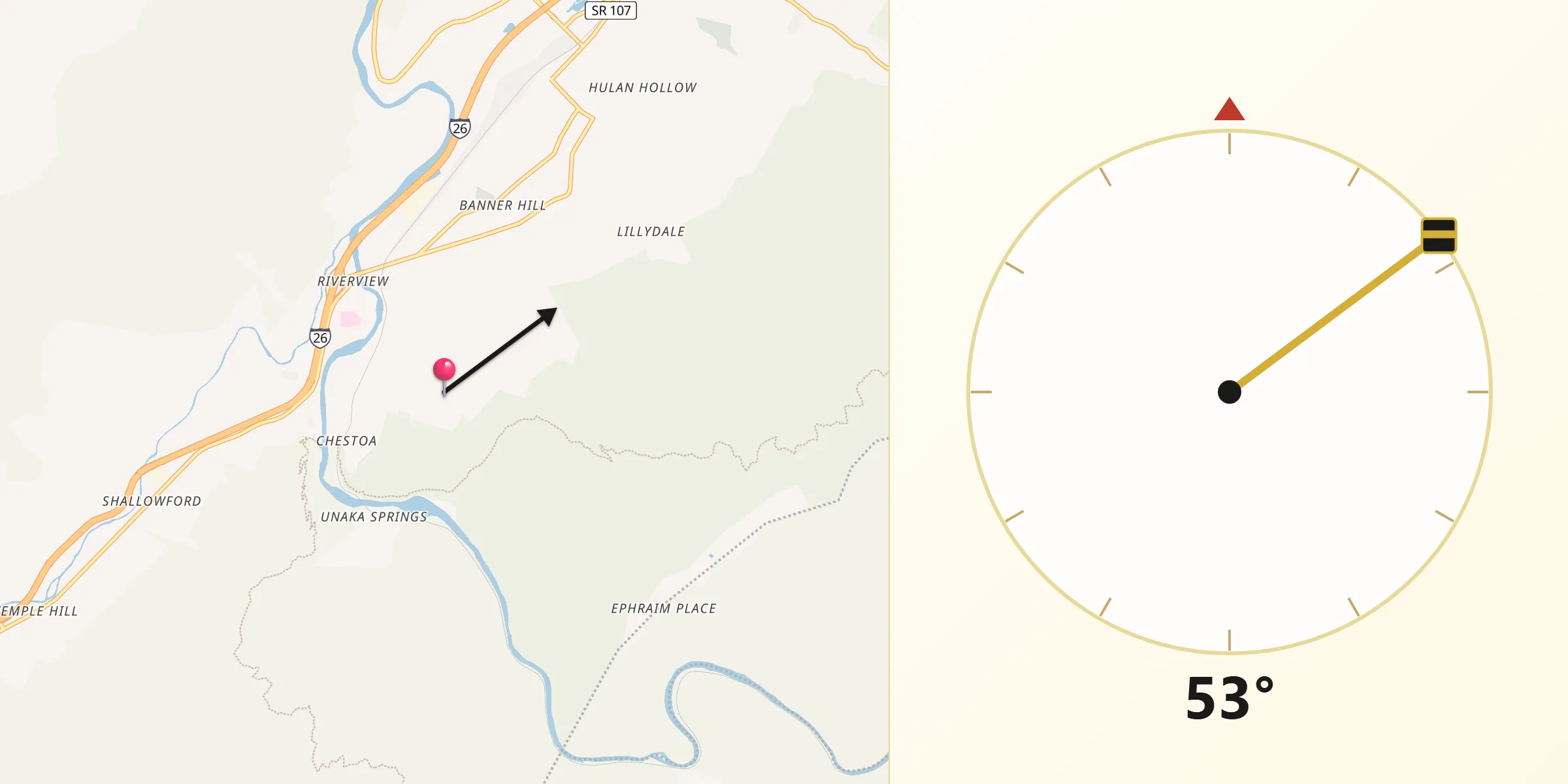 Qibla Direction from Unicoi County