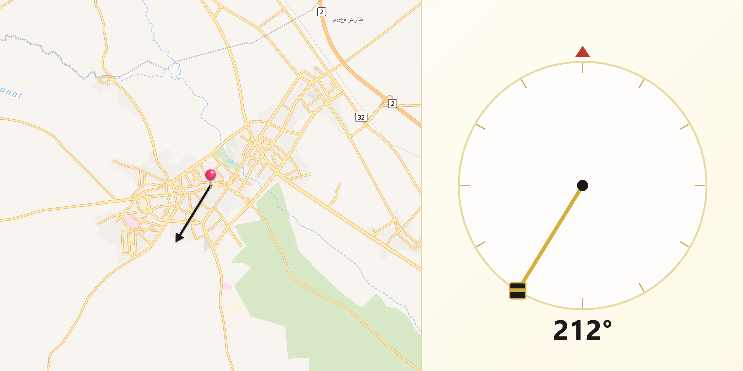 Direction vers la Qibla depuis Abhar