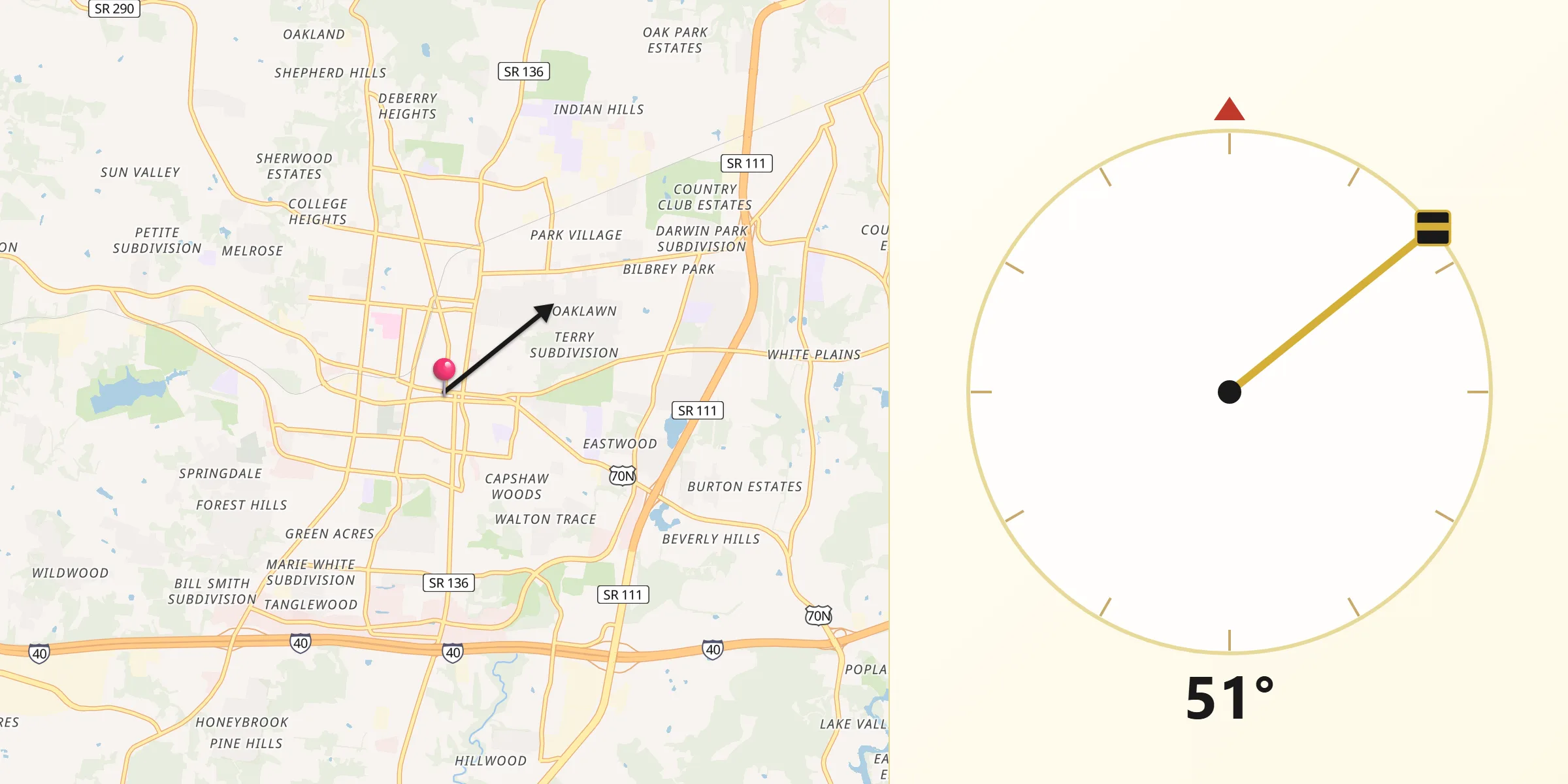 Qibla Direction from Cookeville