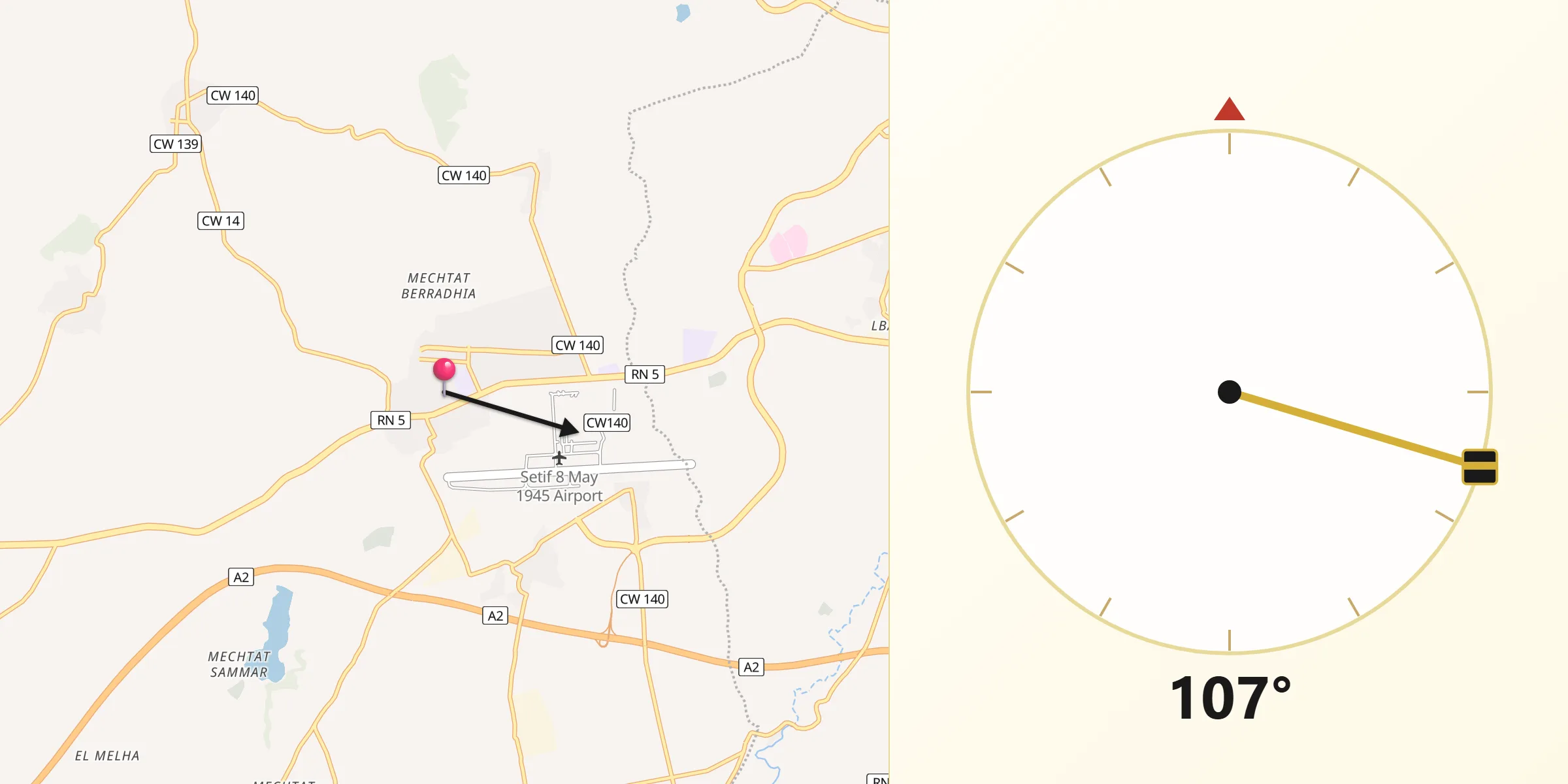Direction vers la Qibla depuis Aïn Arnat