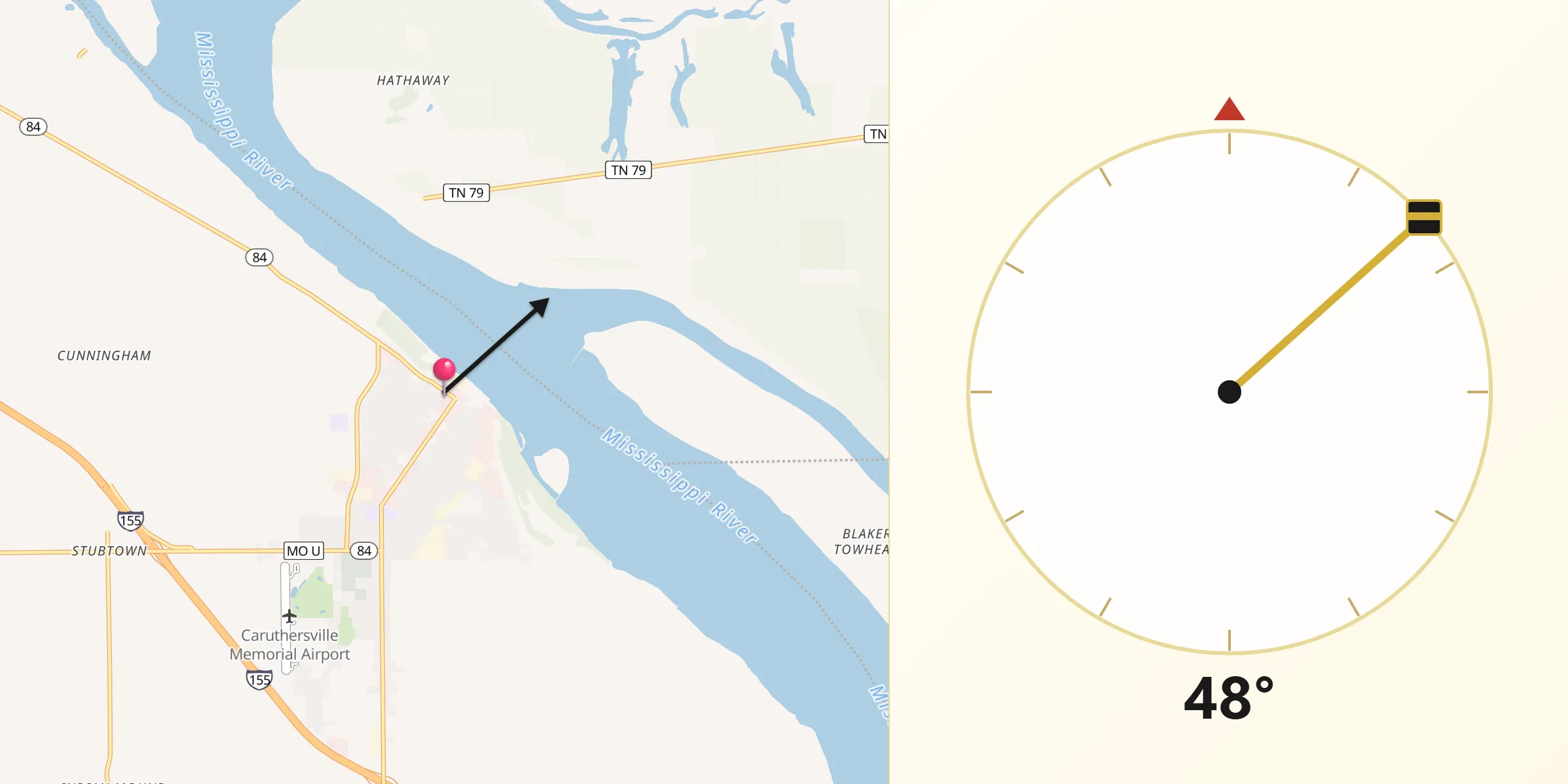 Qibla Direction from Caruthersville