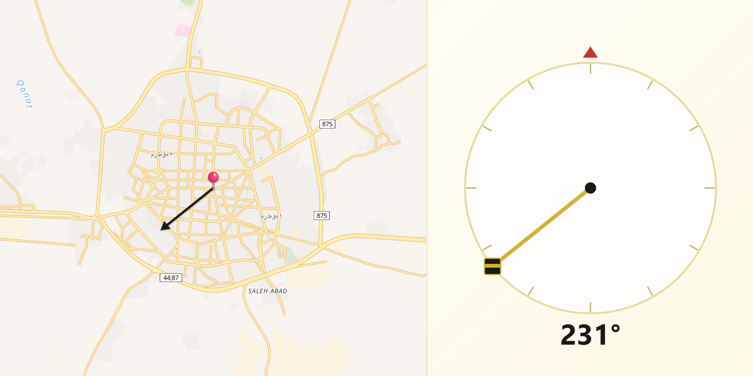 Direction vers la Qibla depuis Sabzevar