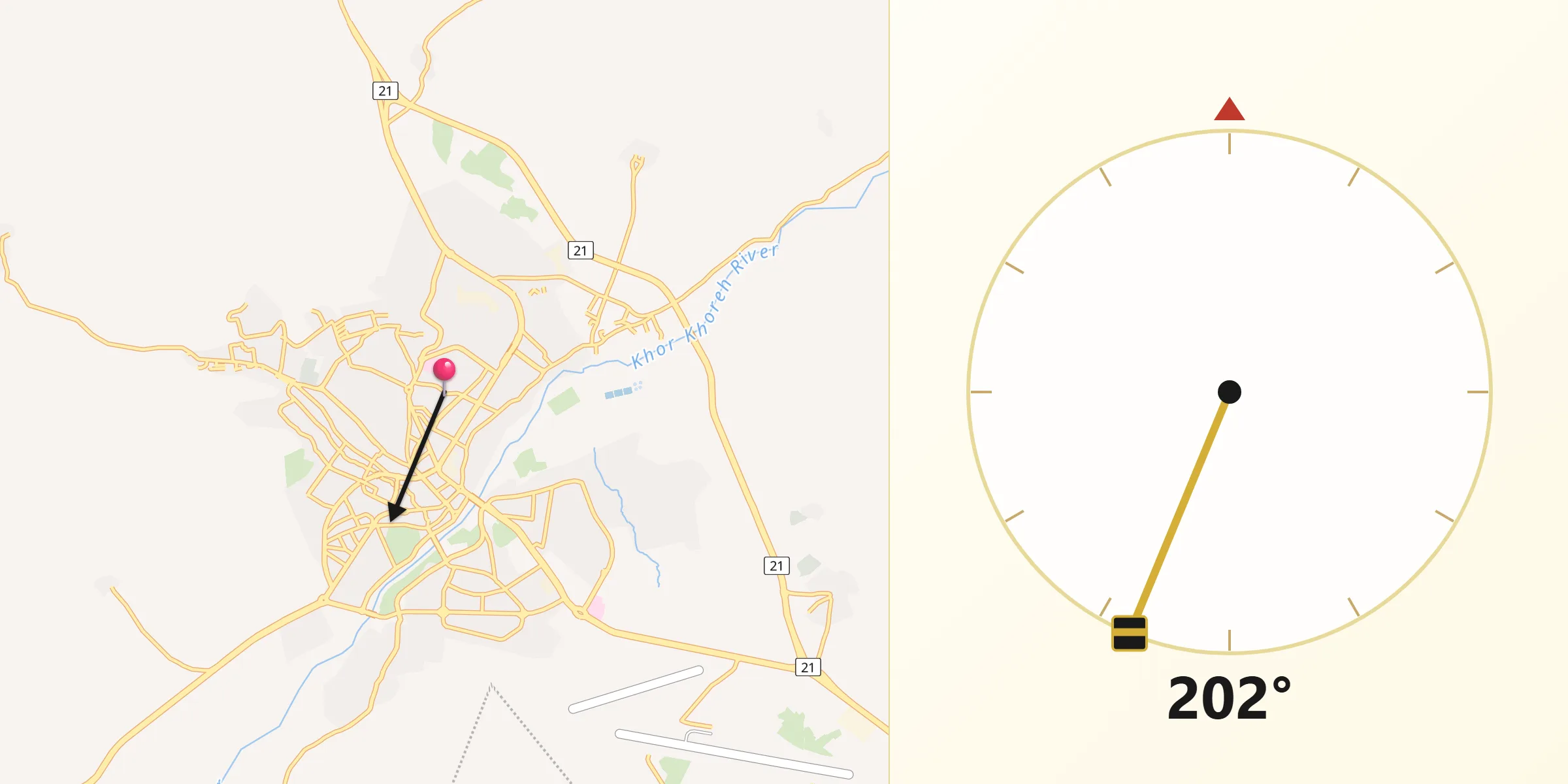 Direction vers la Qibla depuis Saqqez