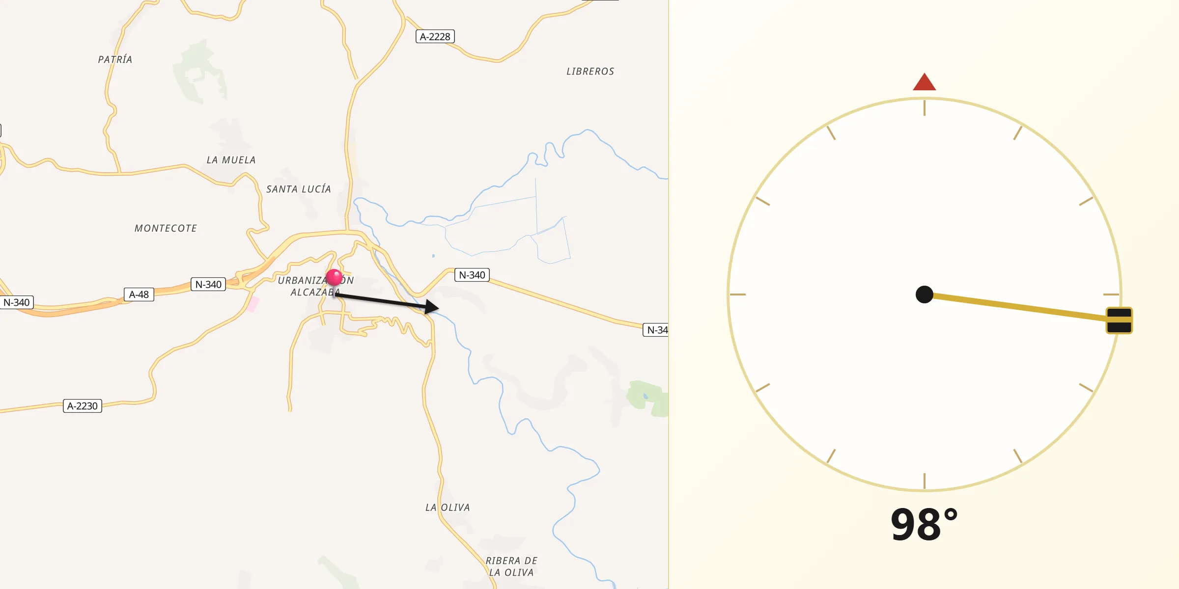 Dirección de la Qibla desde Vejer de la Frontera