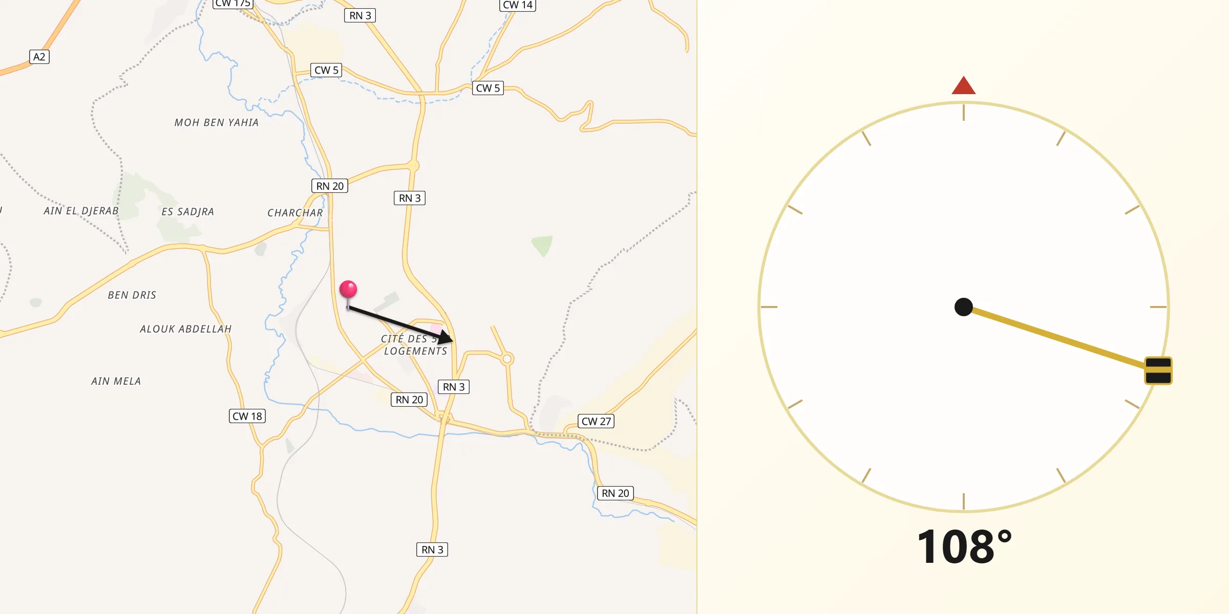 Direction vers la Qibla depuis El Khroub