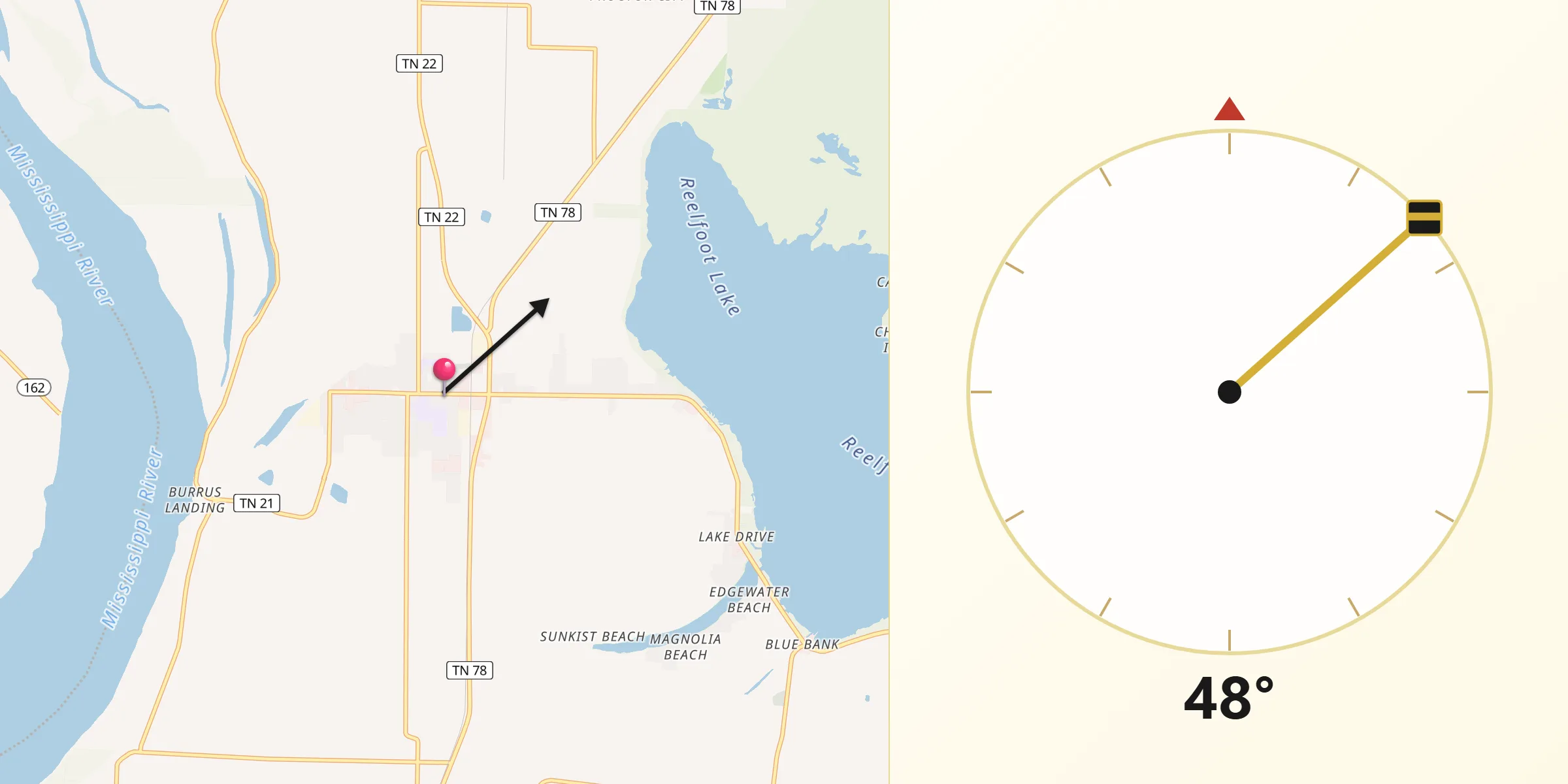 Qibla Direction from Tiptonville