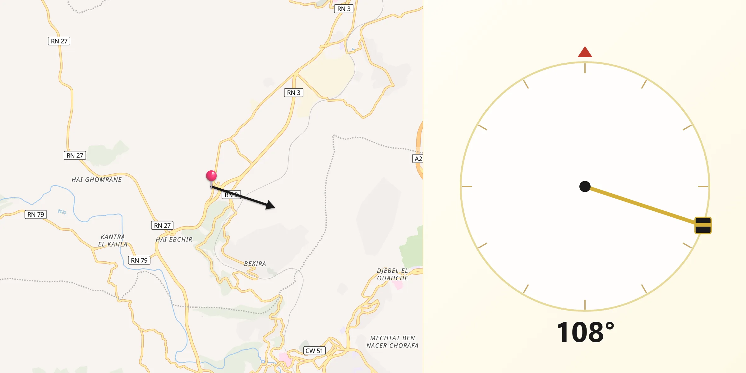Direction vers la Qibla depuis Hamma Bouziane