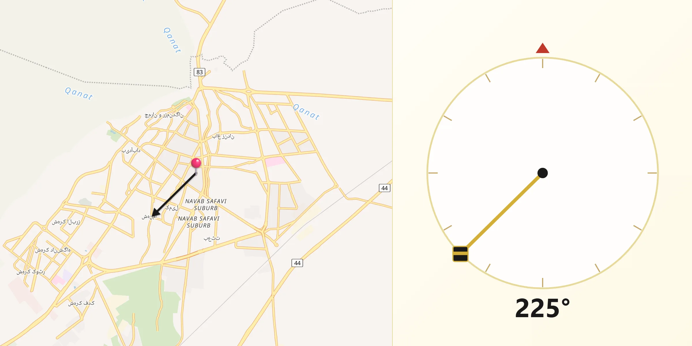 Direction vers la Qibla depuis Shahrud