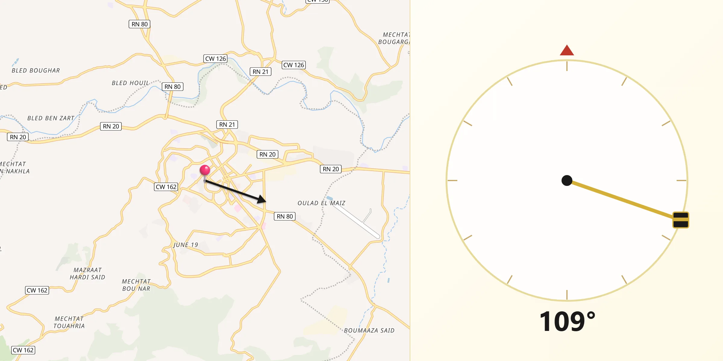 Direction vers la Qibla depuis Guelma