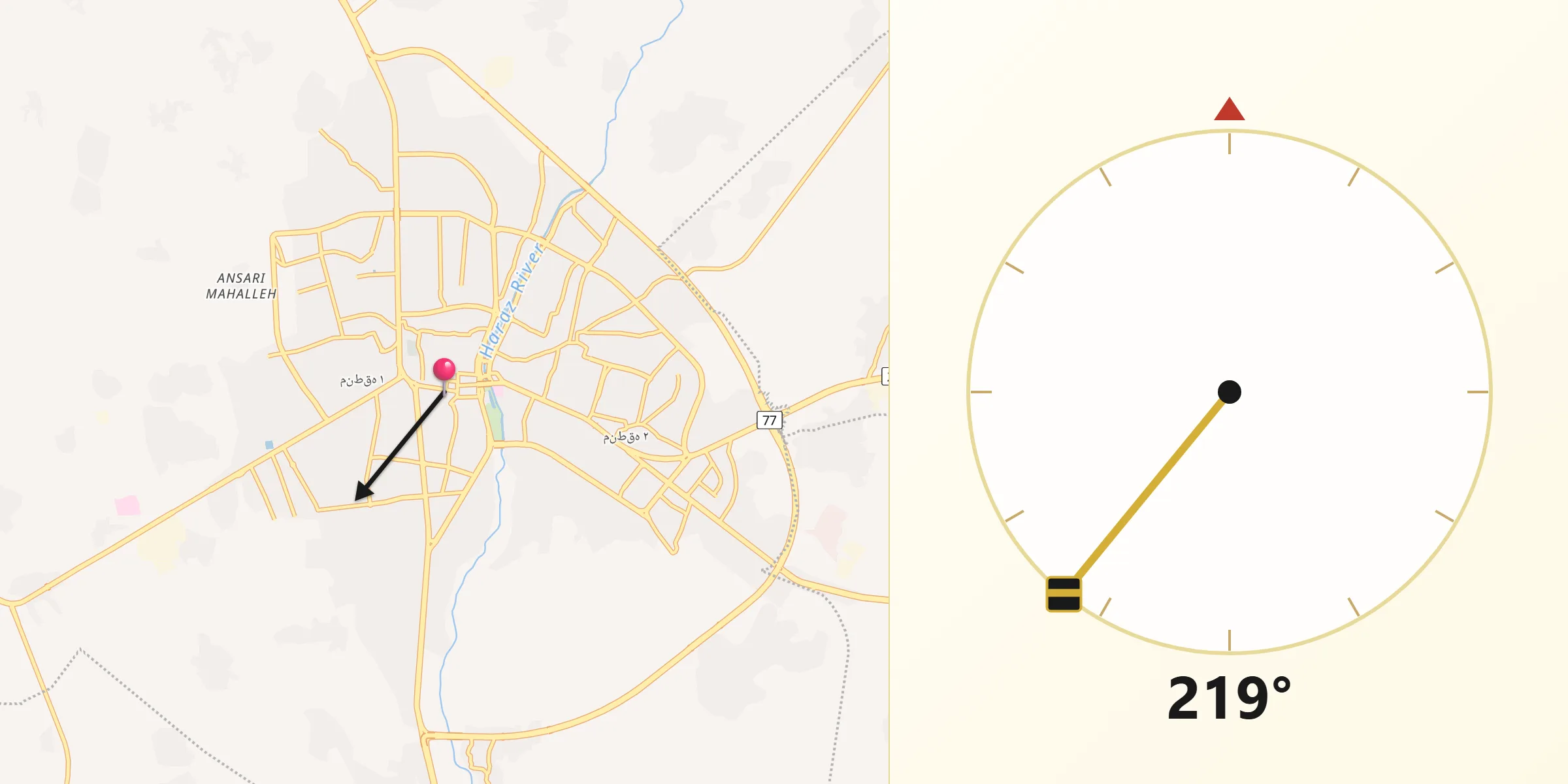 Direction vers la Qibla depuis Amol