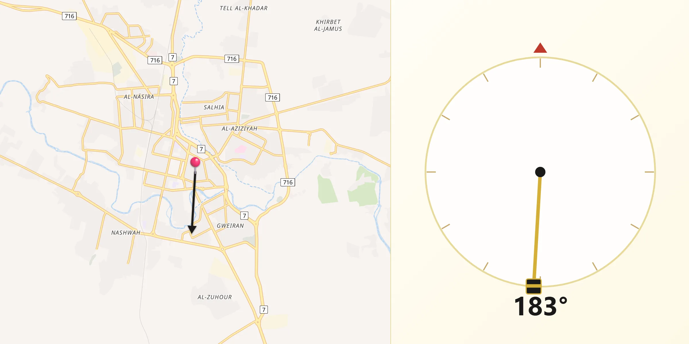 Direction vers la Qibla depuis Hassaké