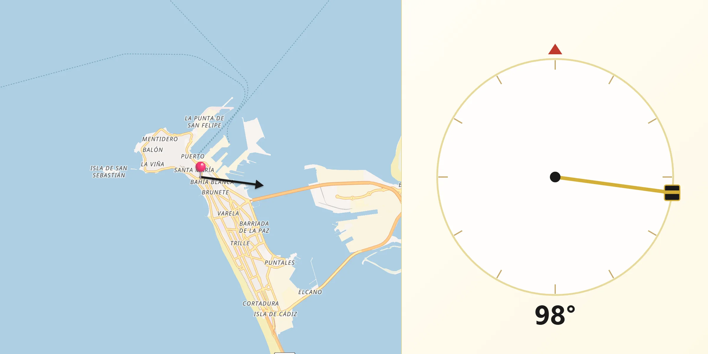 Direzione della Qibla da Cádice