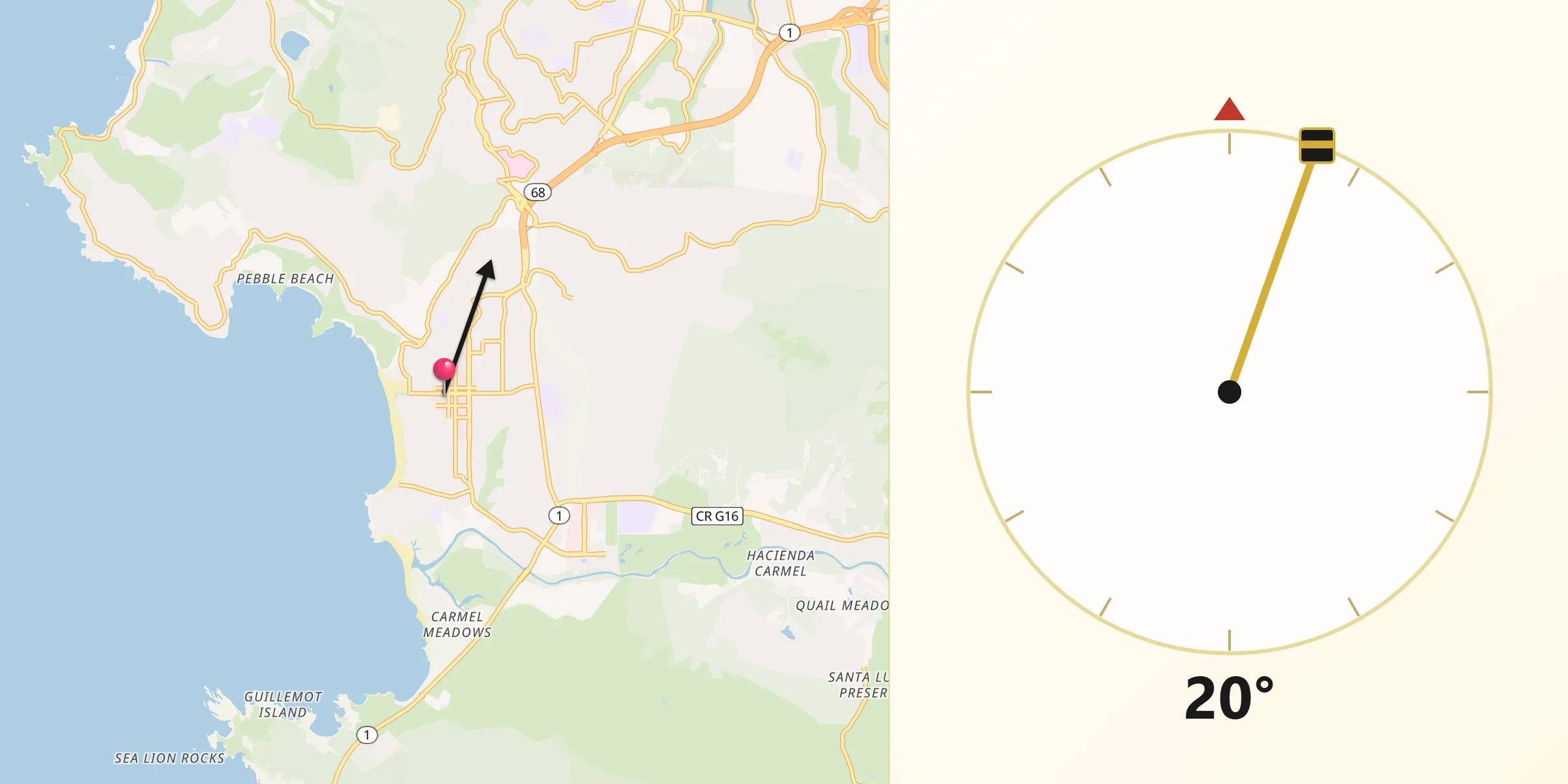 Qibla Direction from Carmel-by-the-Sea
